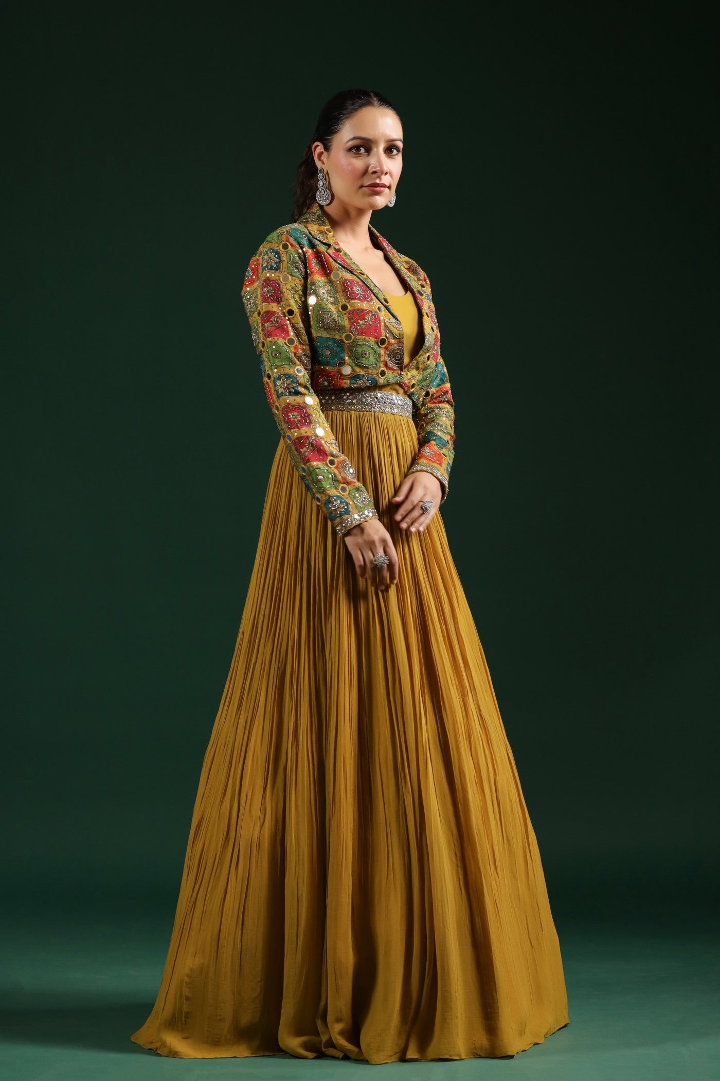 Ochre Yellow Embellished Gown With Cape