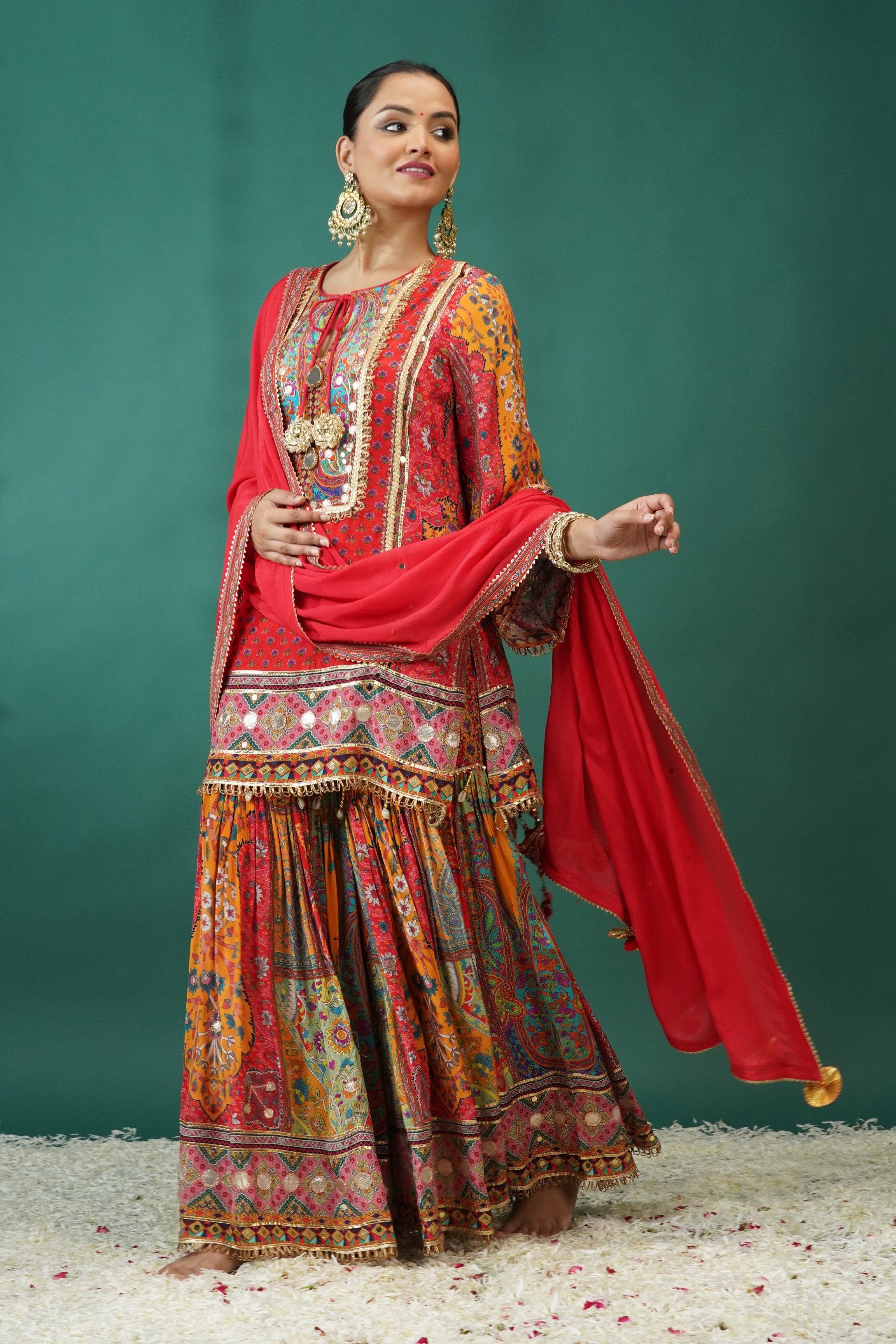 Festive Orange Ethnic Printed Crepe Silk Sharara Set