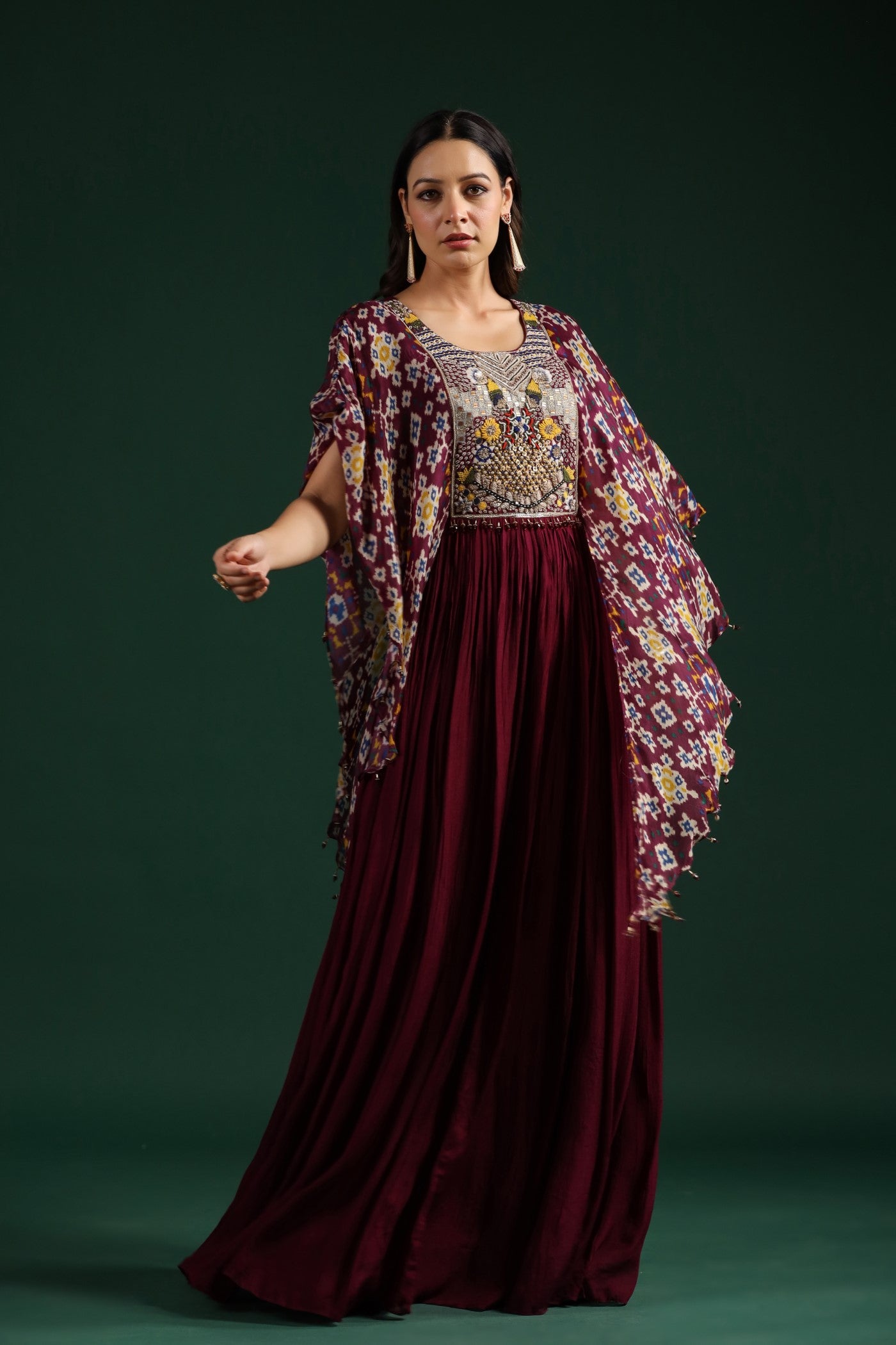 Wine Chinnon Silk Kaftan Style Gown