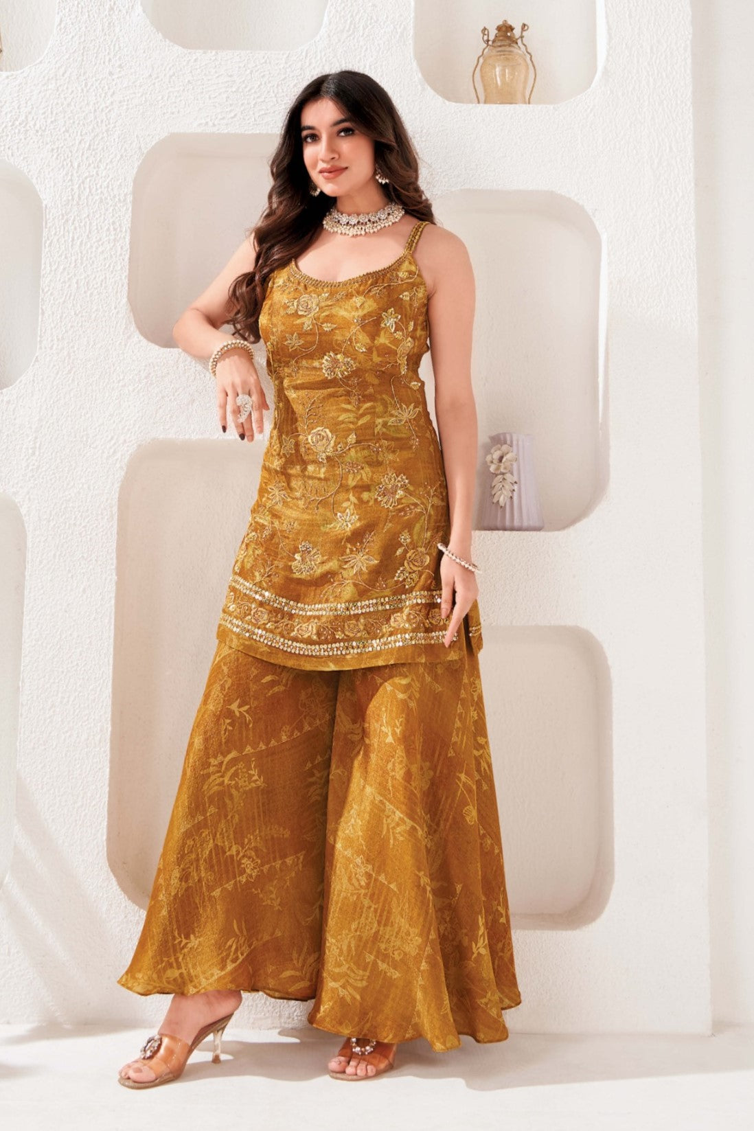 Royal Gold Embellished Georgette Silk Palazzo Set