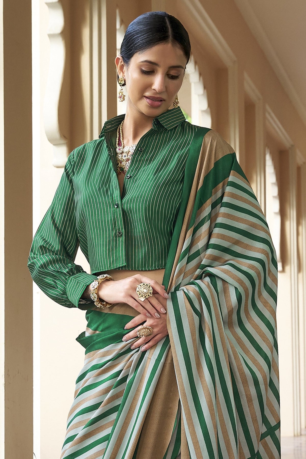 Emerald Green Printed Crepe Silk Saree