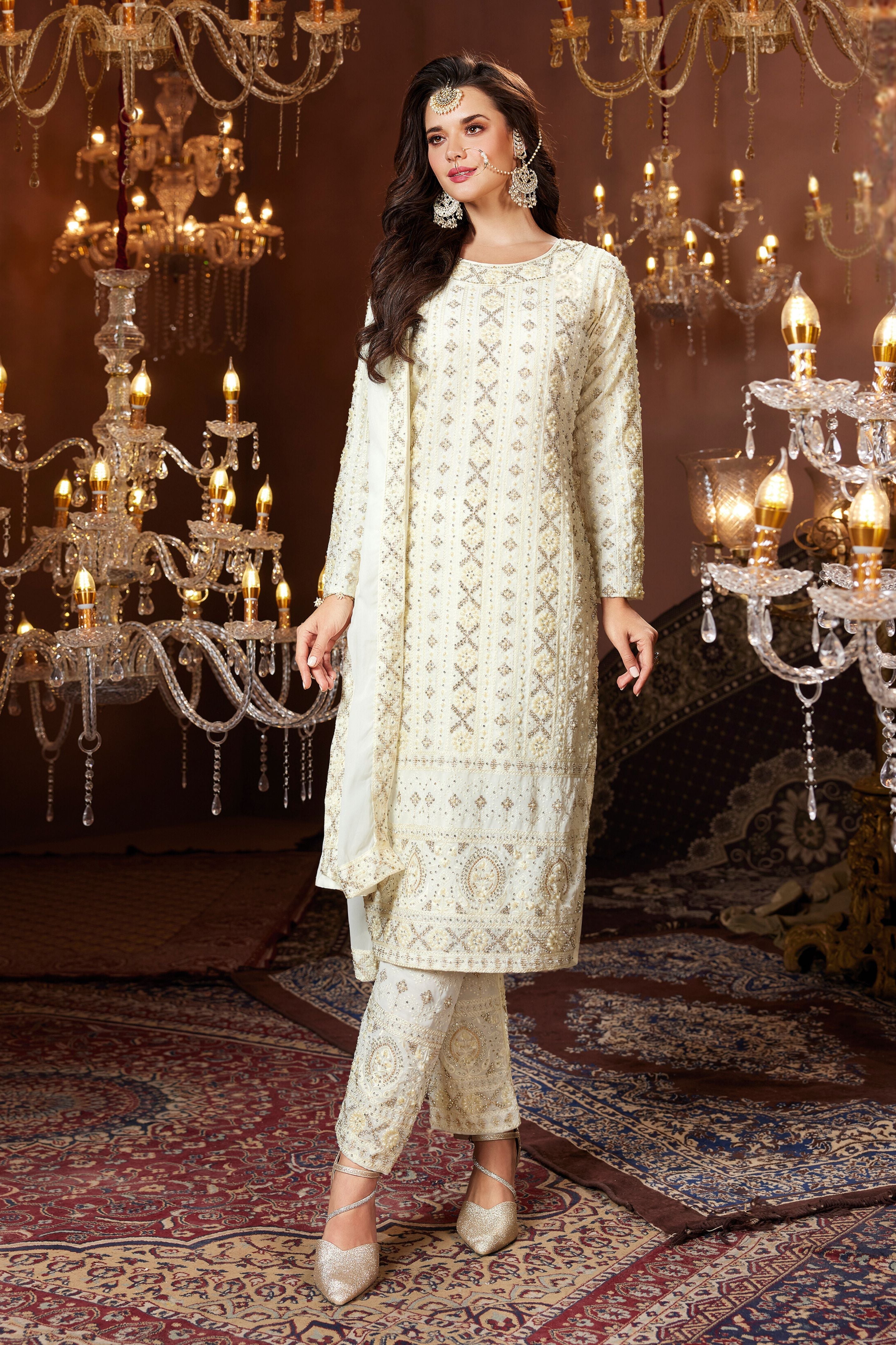 Ivory Embroidered Premium Georgette Silk Pants Set