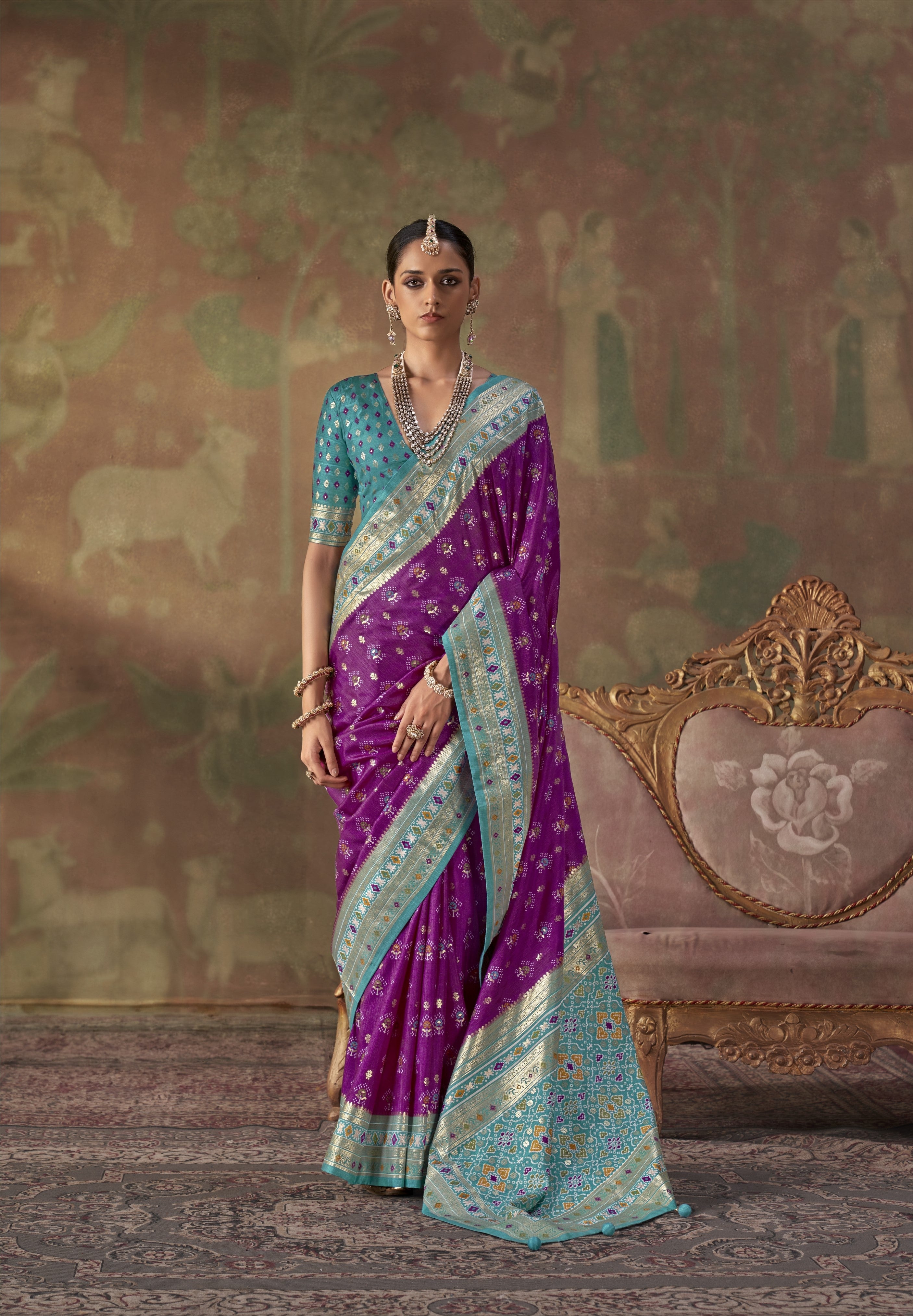 Purple Teal Printed Premium Silk Saree