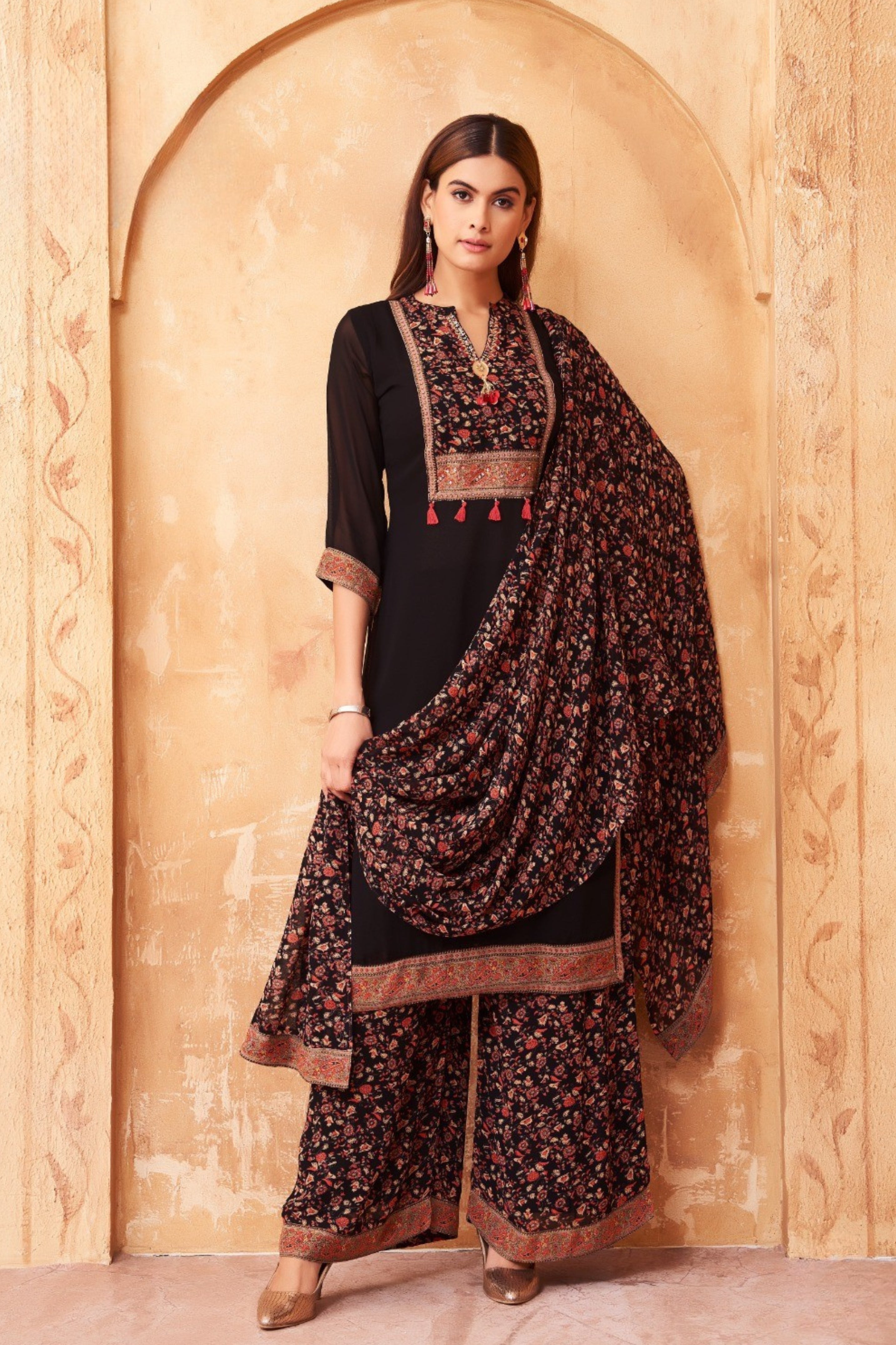 Coal Black Floral Embellished Georgette Silk Pant Set