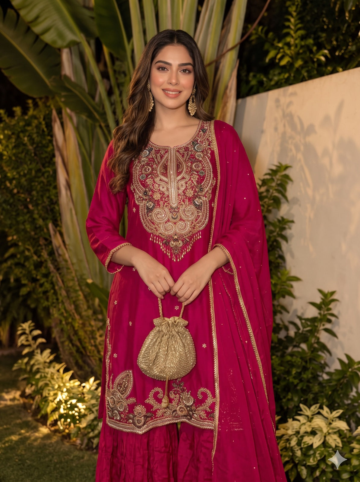 Bright Pink Embellished Chinon Silk Palazzo Set
