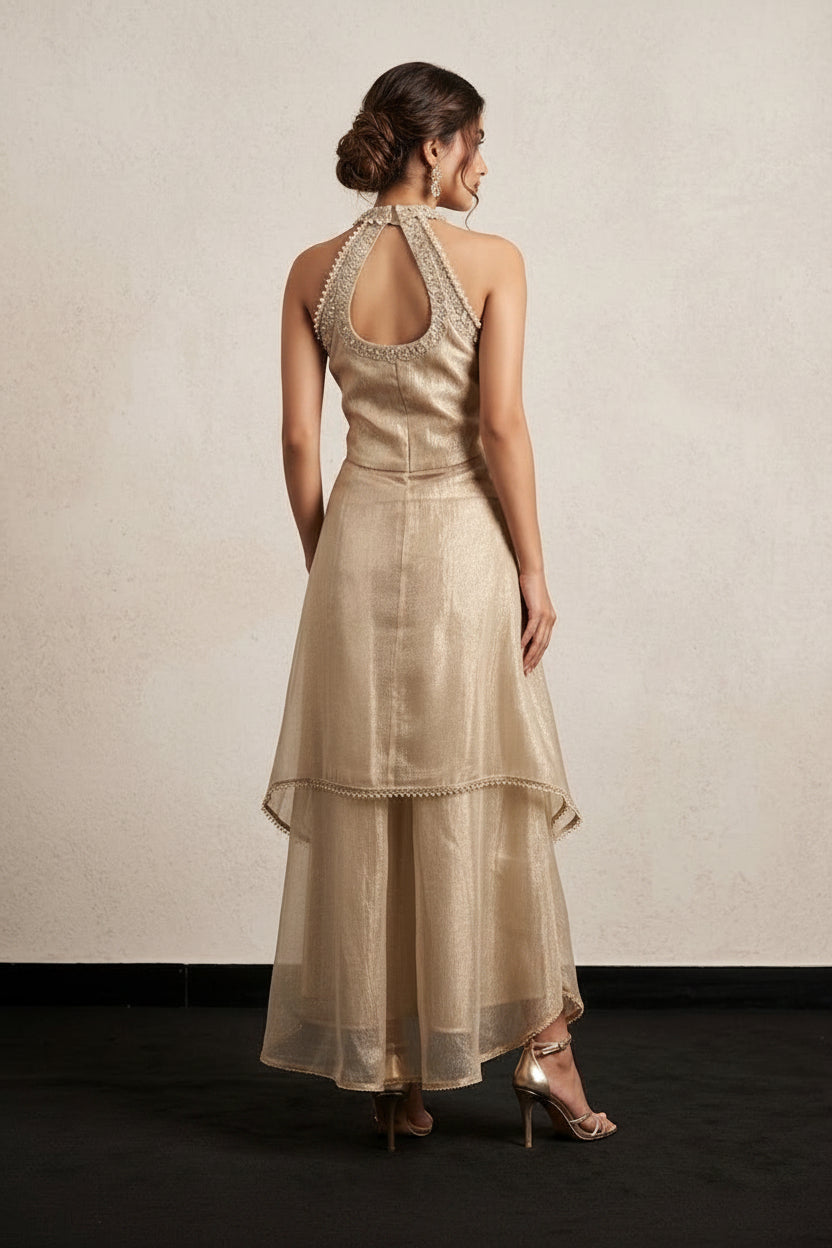 Beige Embellished Shimmer Silk Co-Ord Set