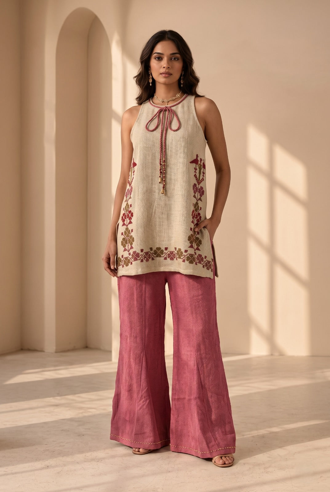 Rose Beige Woven Cotton Tweed Co-Ord Set