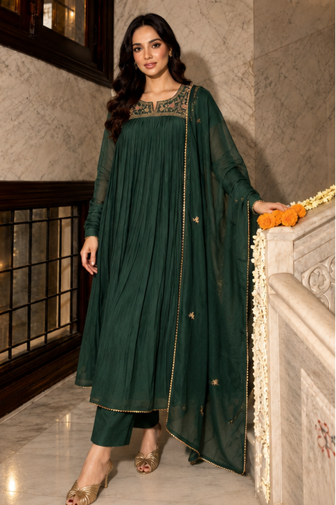 Meadow Green Embroidered Crepe Silk Anarkali Set