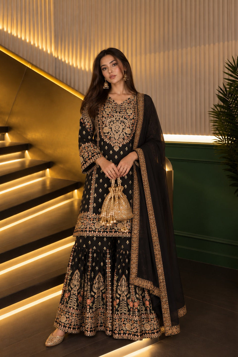 Mystic Black Embellished Crepe Silk Sharara Set