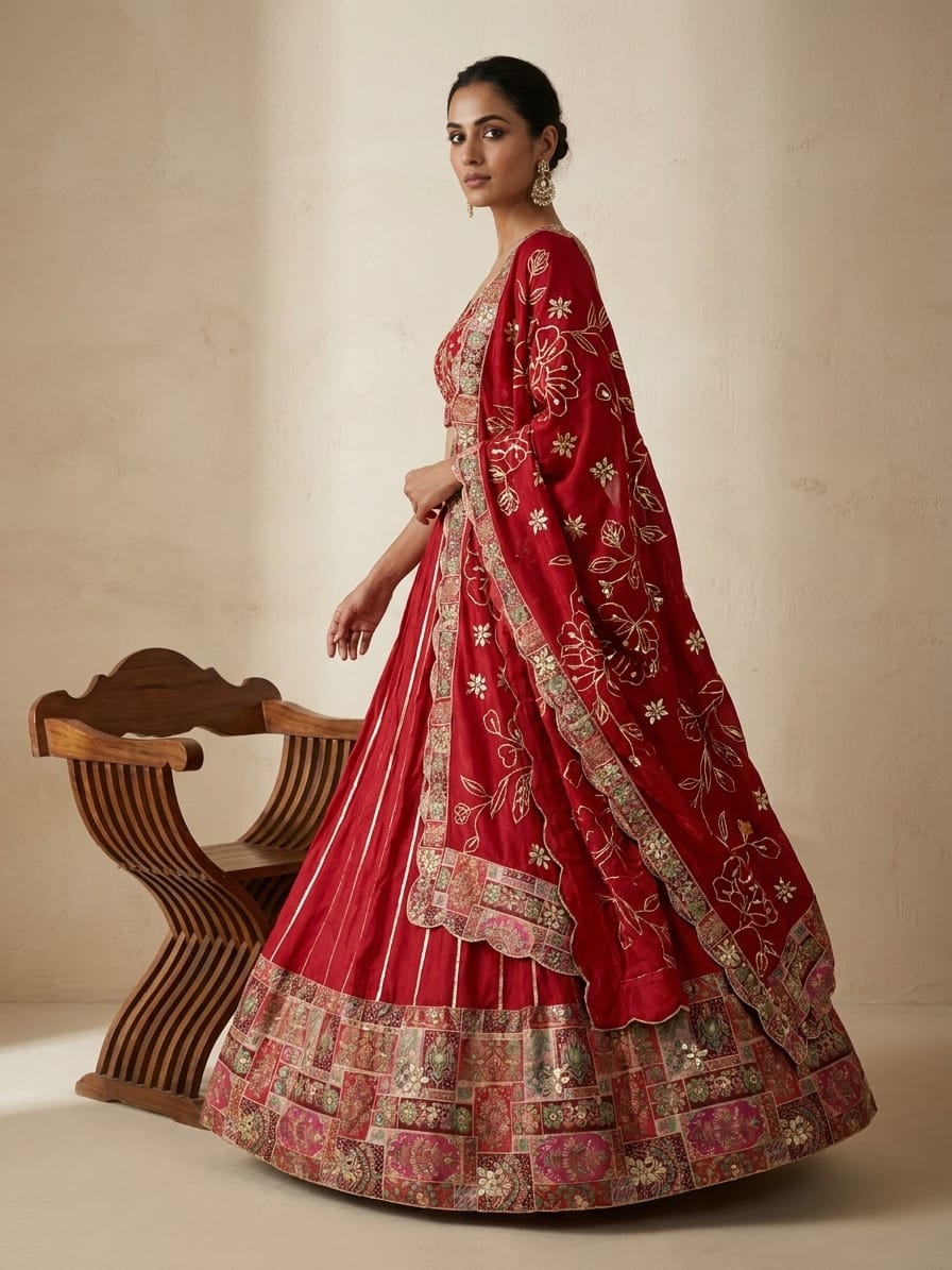 Scarlet Mosaic Embroidered Satin Silk Lehenga Set