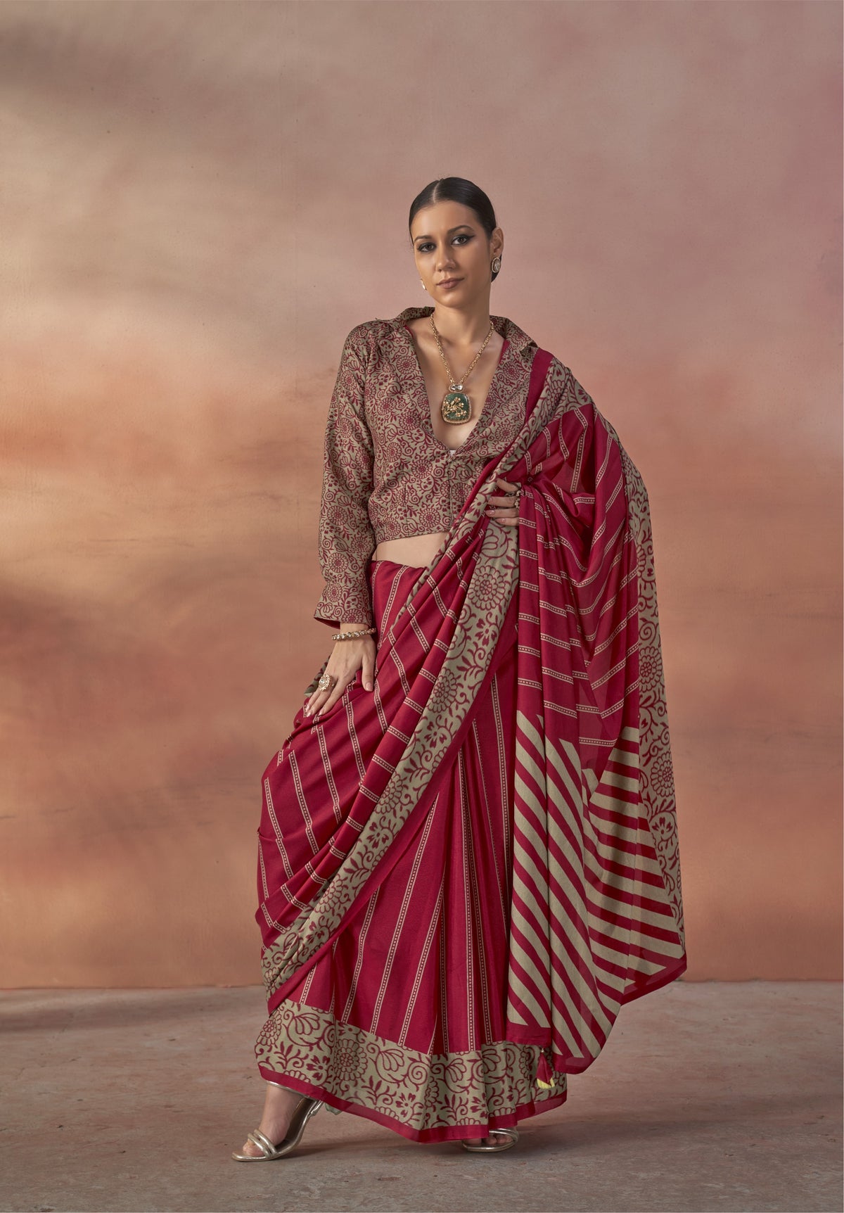 Crimson Maroon Printed Crepe Silk Saree
