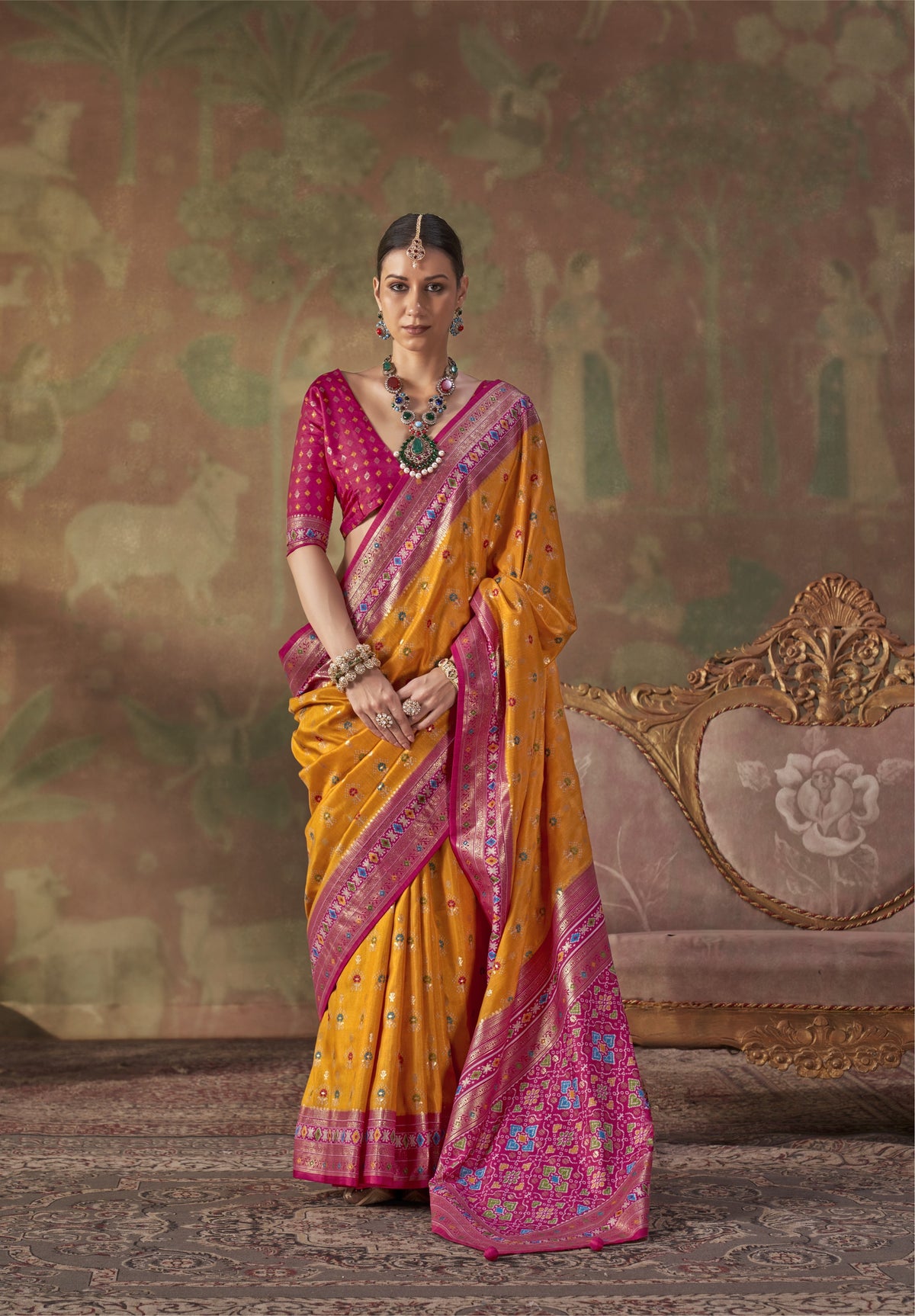 Mustard Yellow Printed Premium Silk Saree