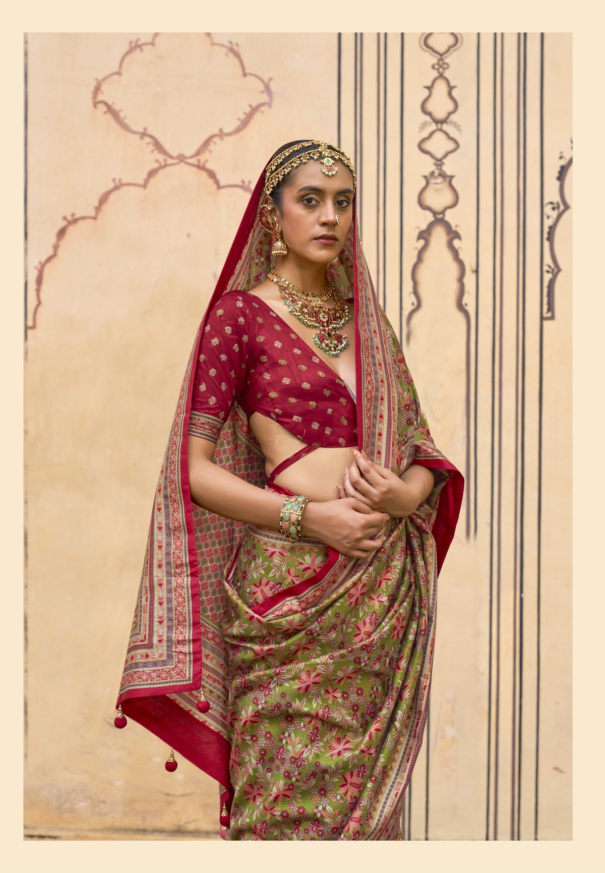 Olive Green Printed Premium Silk Saree