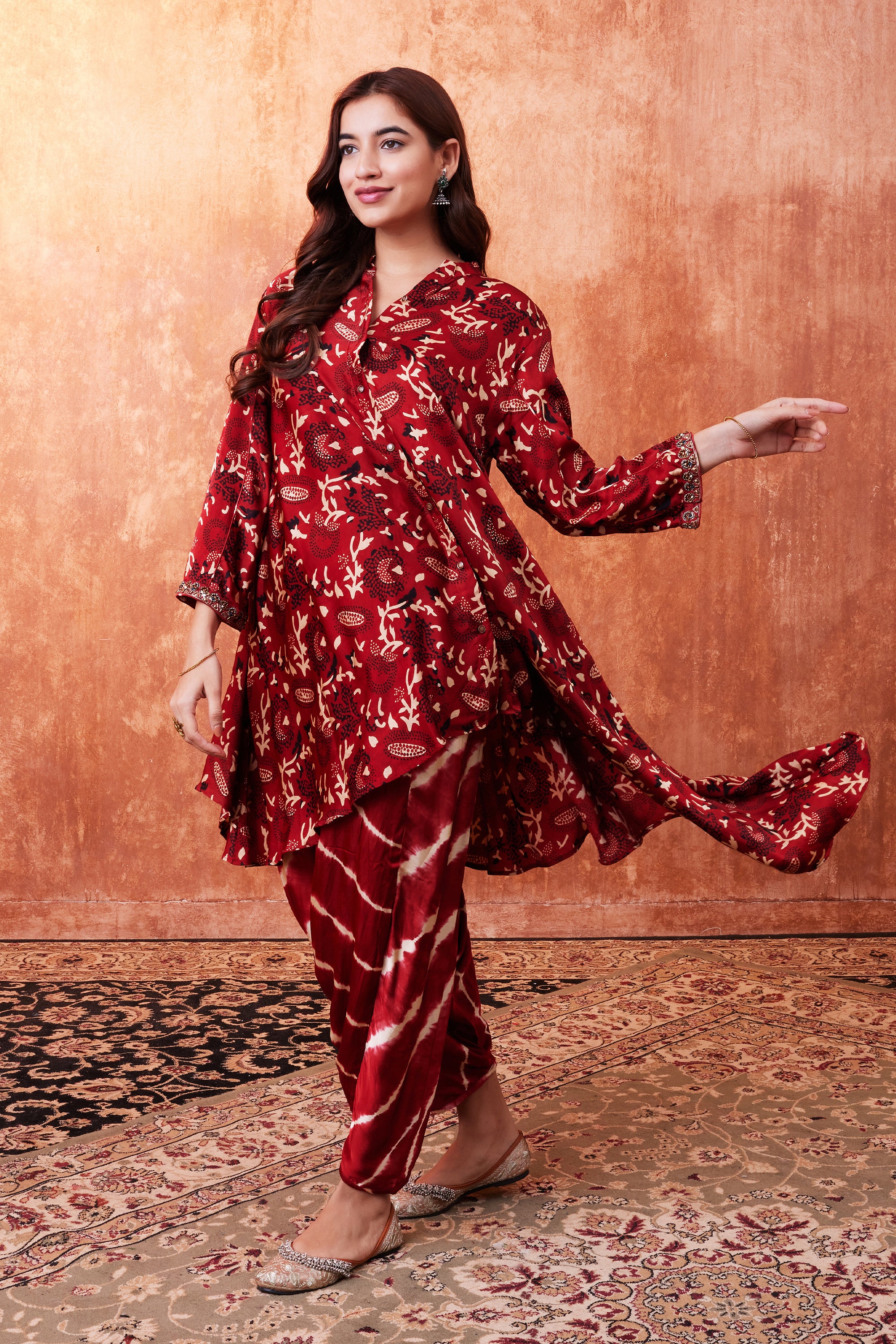 Ruby Red Ajrakh Printed Habutai Silk Kurta Salwar Set