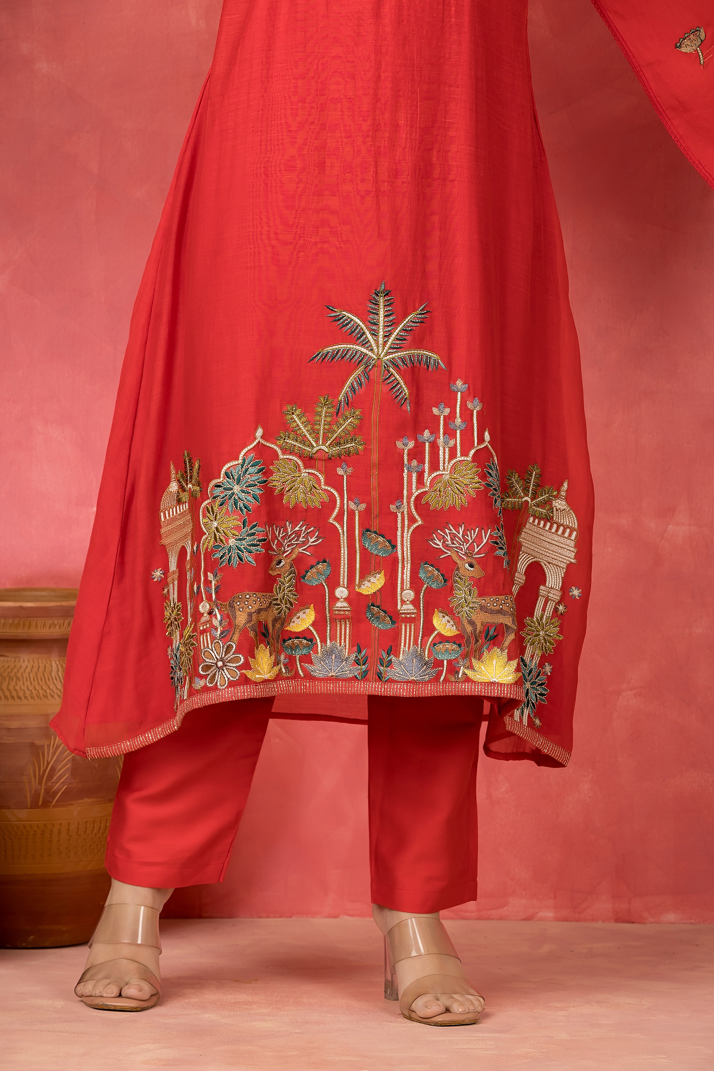 Scarlet Embroidered Mul Chanderi Silk Pant Set