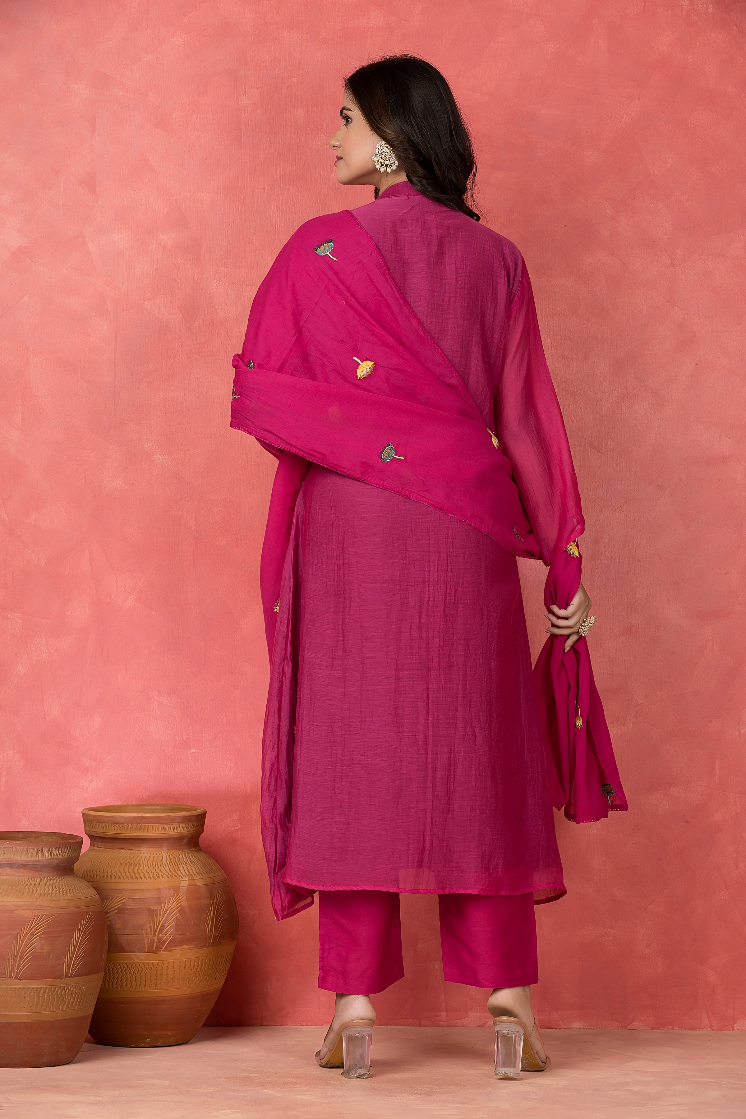 Magenta Embroidered Mul Chanderi Silk Pant Set
