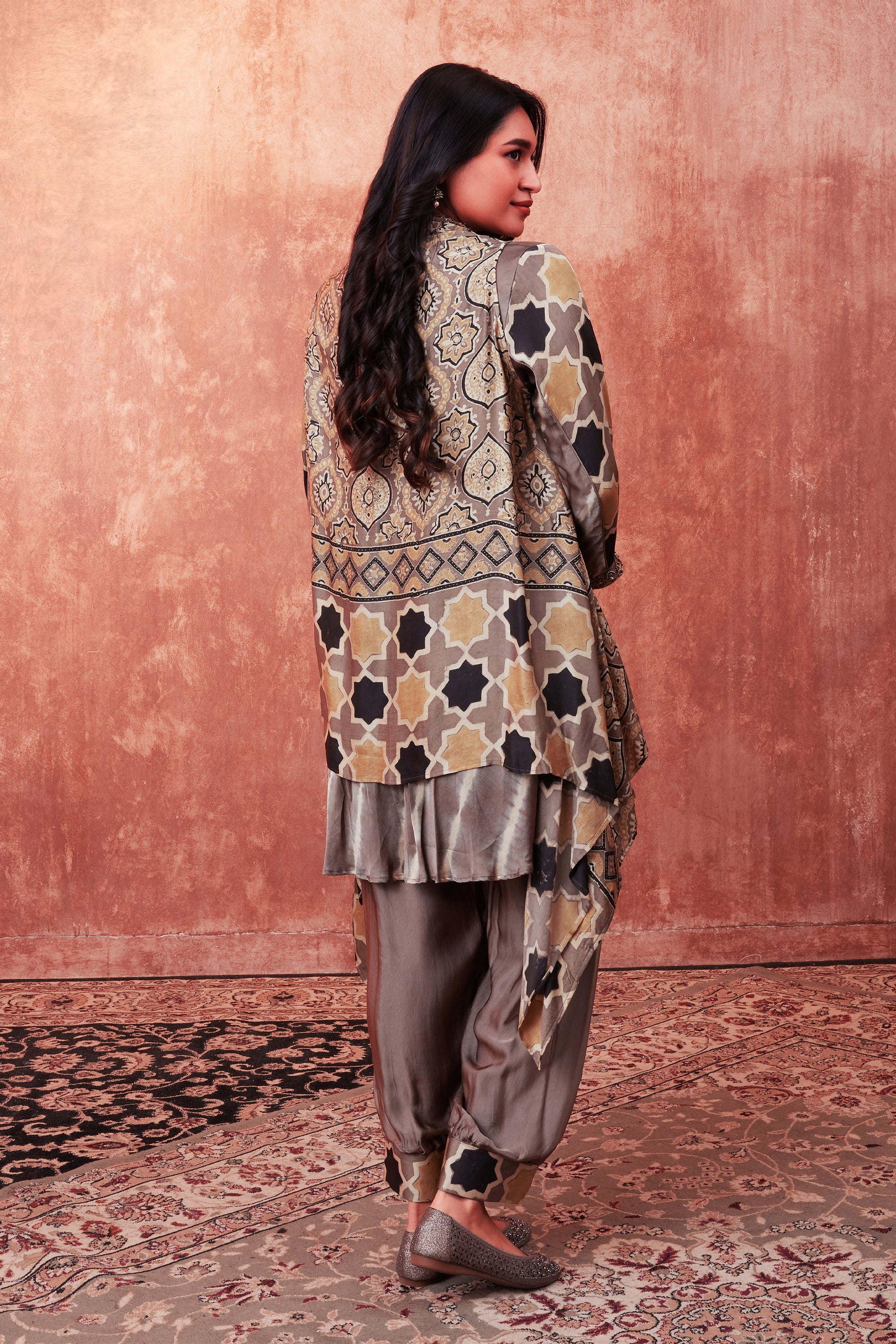 Beige Multicolor Ajrakh Printed Habutai Silk Cape Suit Set