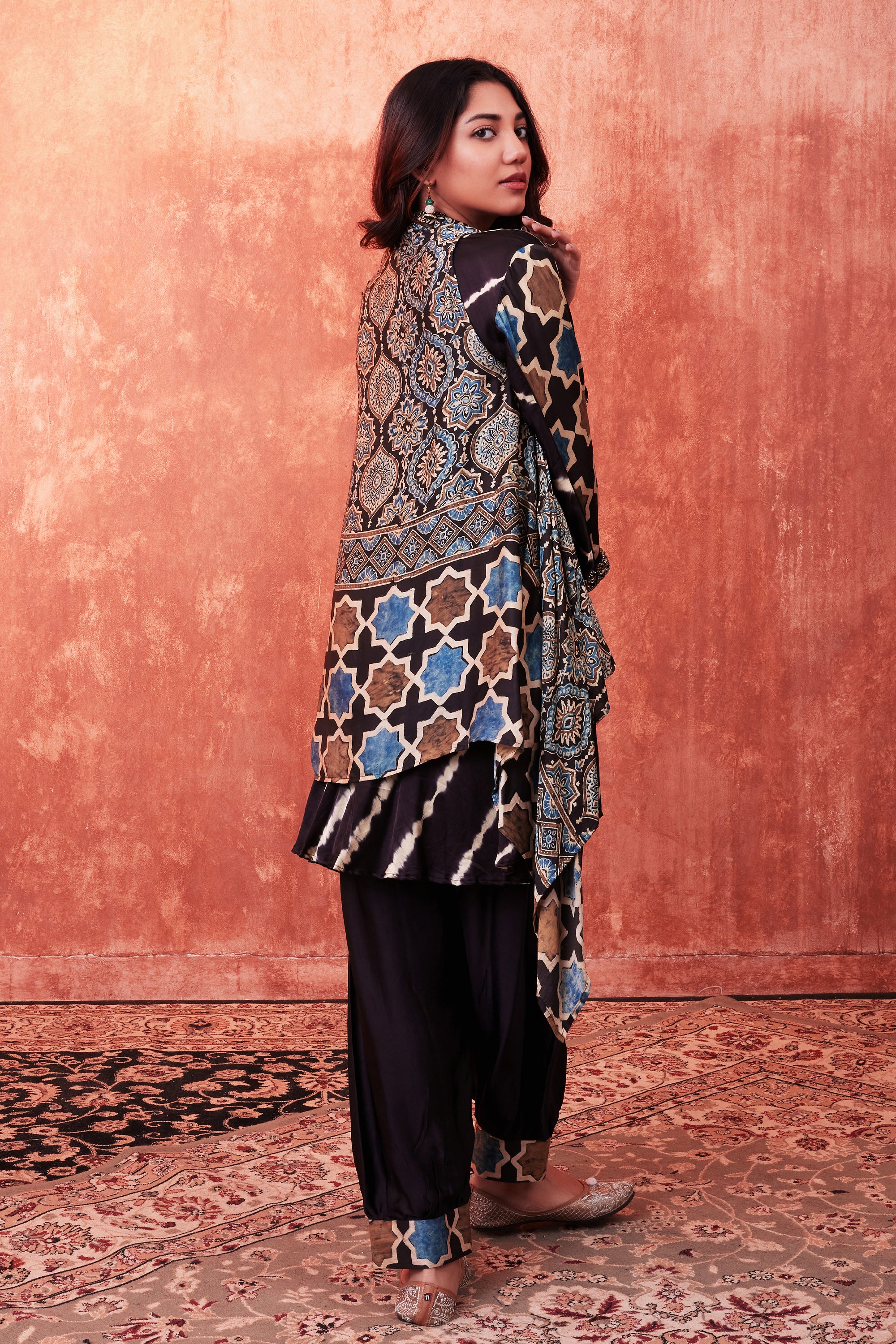 Black Multicolor Ajrakh Printed Habutai Silk Cape Suit Set