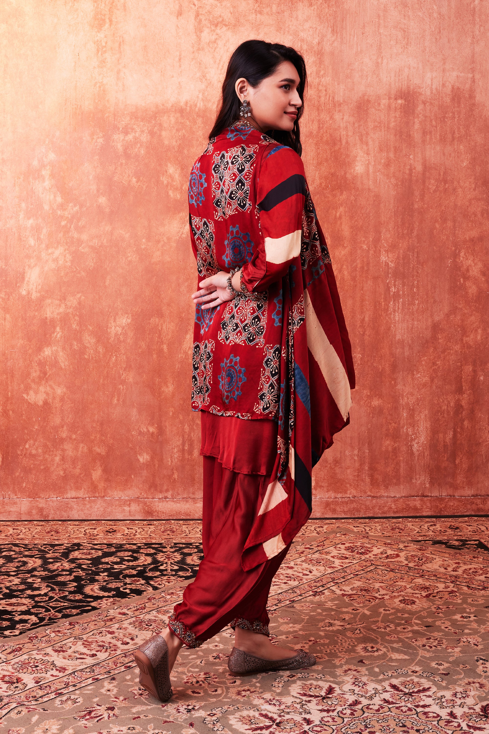 Ruby Red Ajrakh Printed Habutai Silk Cape Suit Set