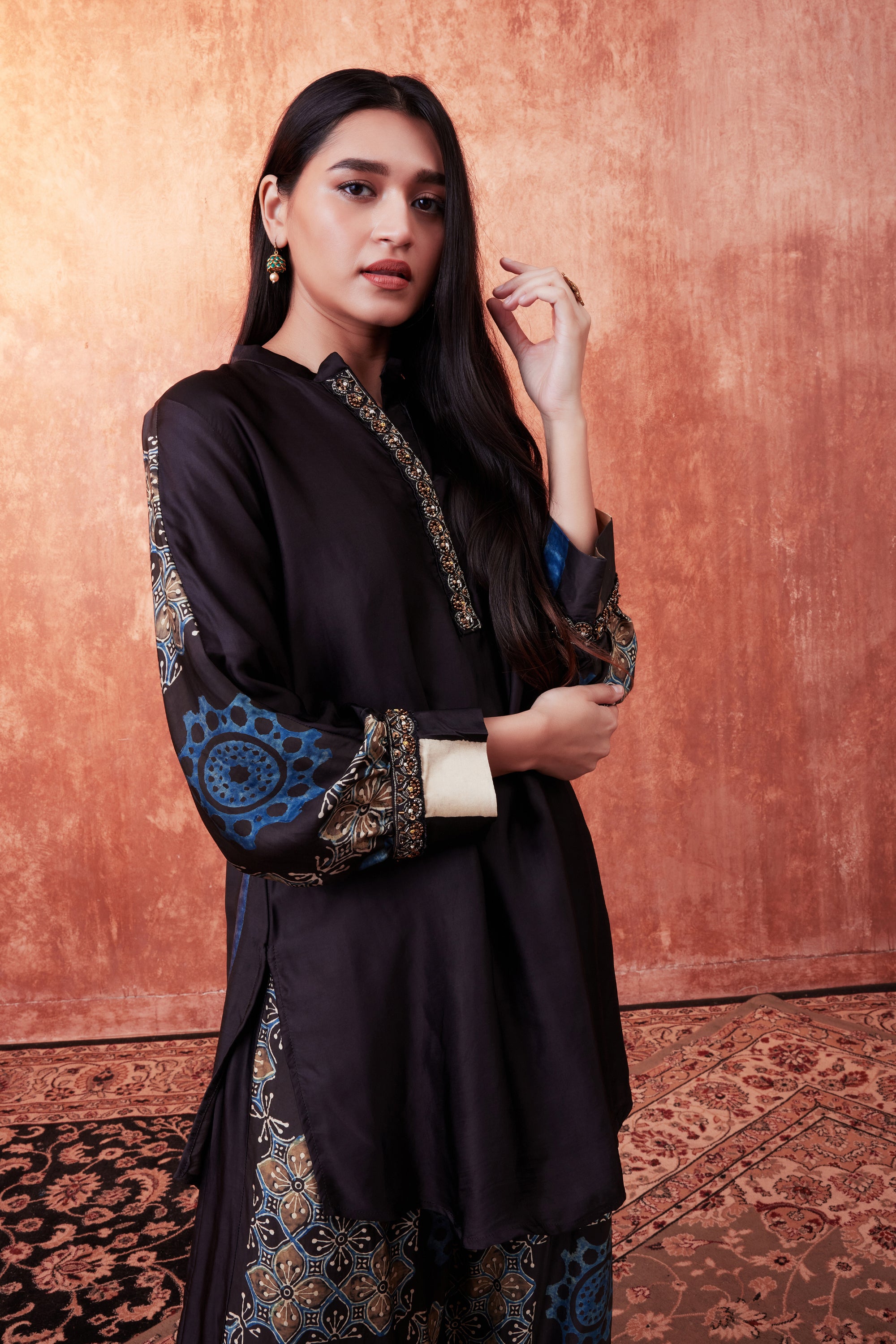 Warm Black Ajrakh Printed Habutai Silk Co-Ord Set