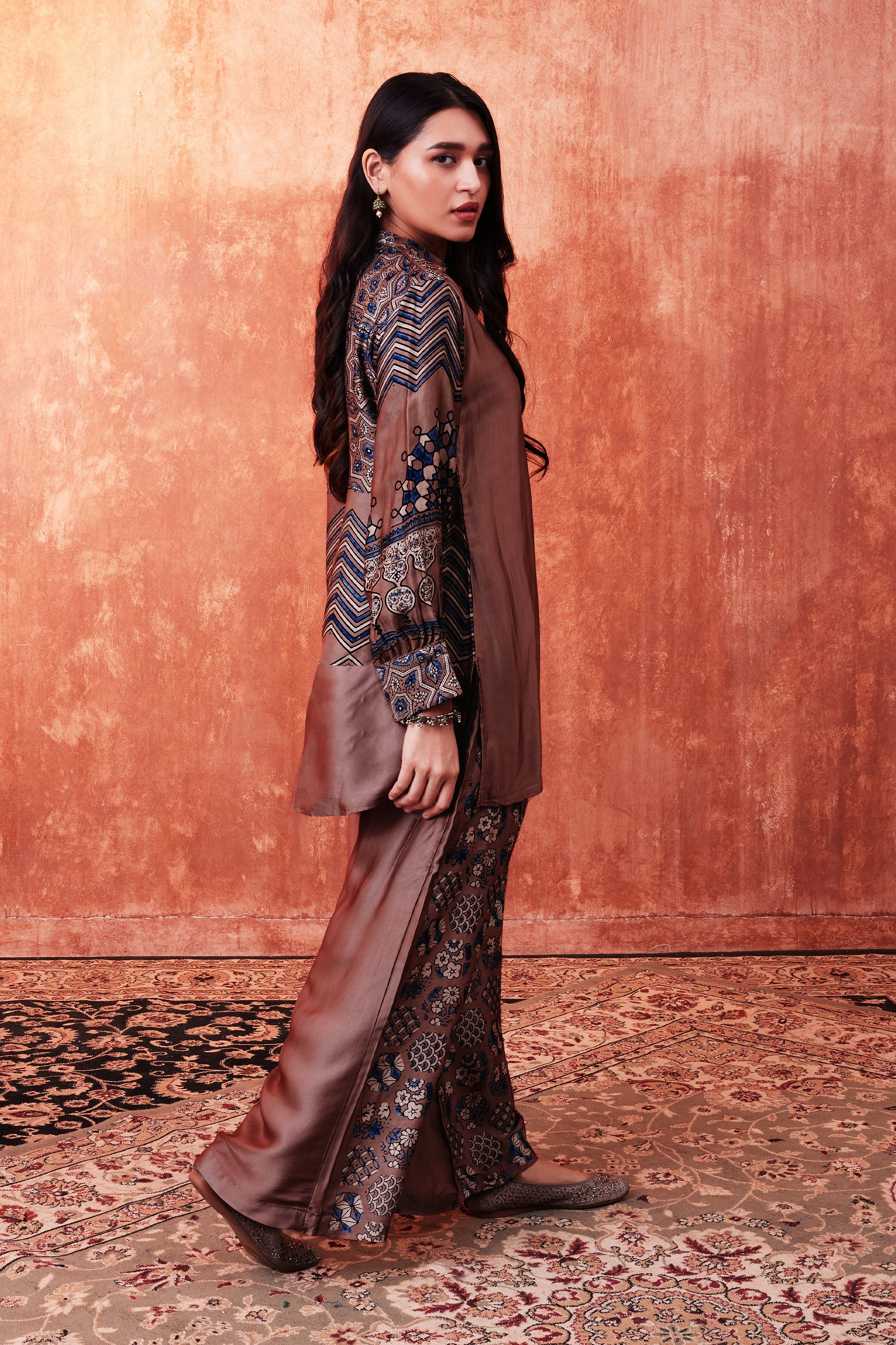 Rose Gold Ajrakh Printed Habutai Silk Co-Ord Set