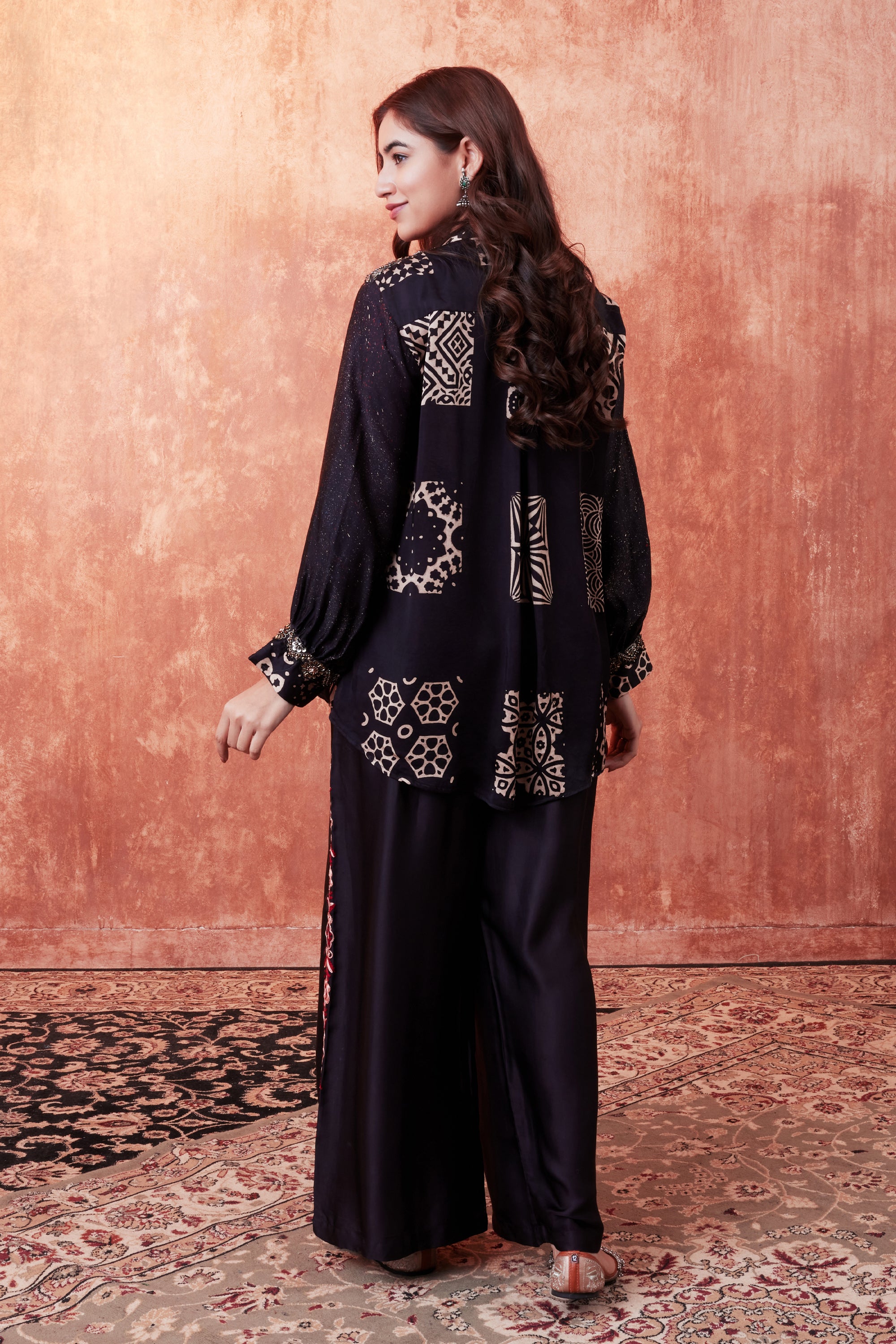 Black Ajrakh Printed Habutai Silk Co-Ord Set