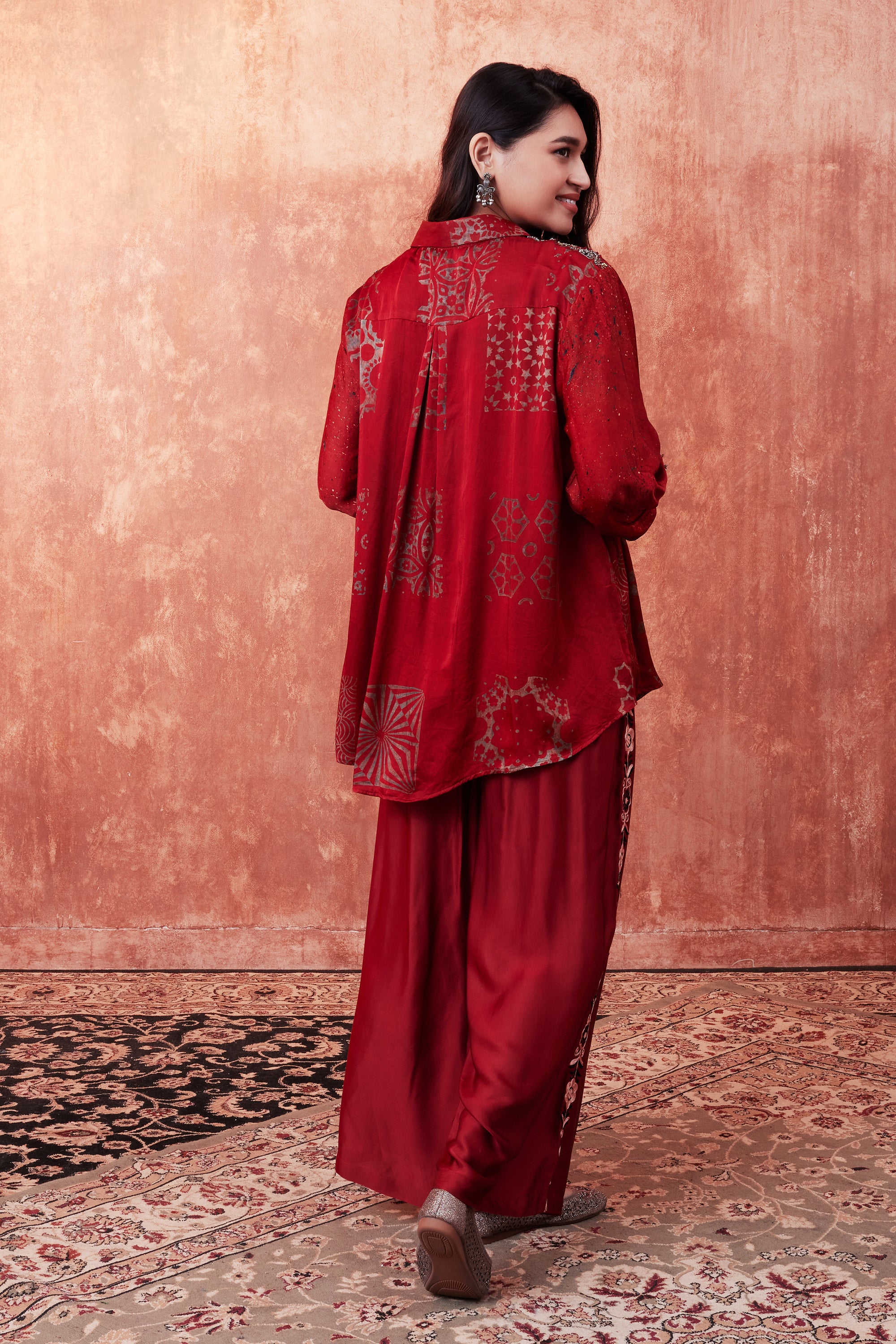 Ruby Red Ajrakh Printed Habutai Silk Co-Ord Set