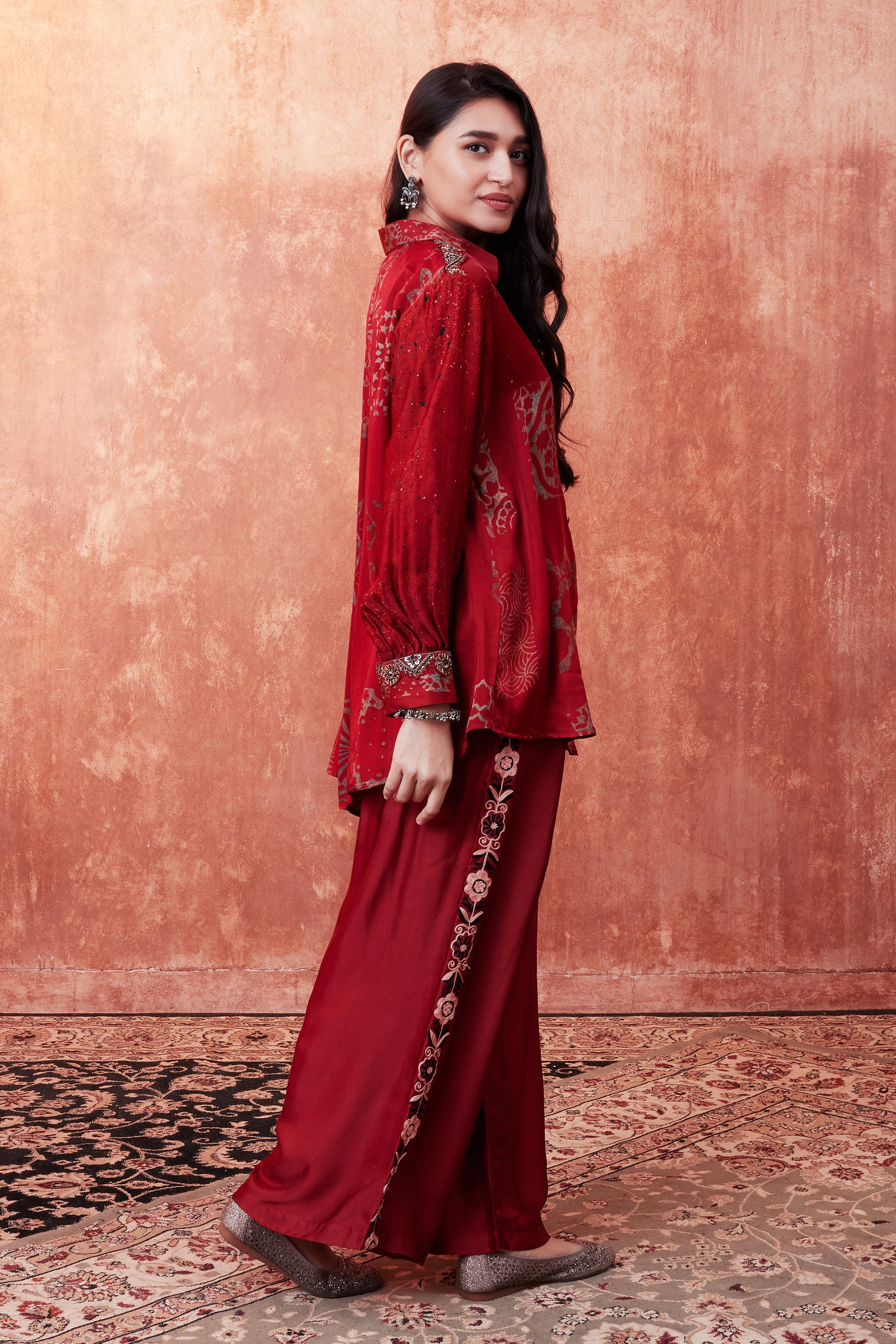 Ruby Red Ajrakh Printed Habutai Silk Co-Ord Set