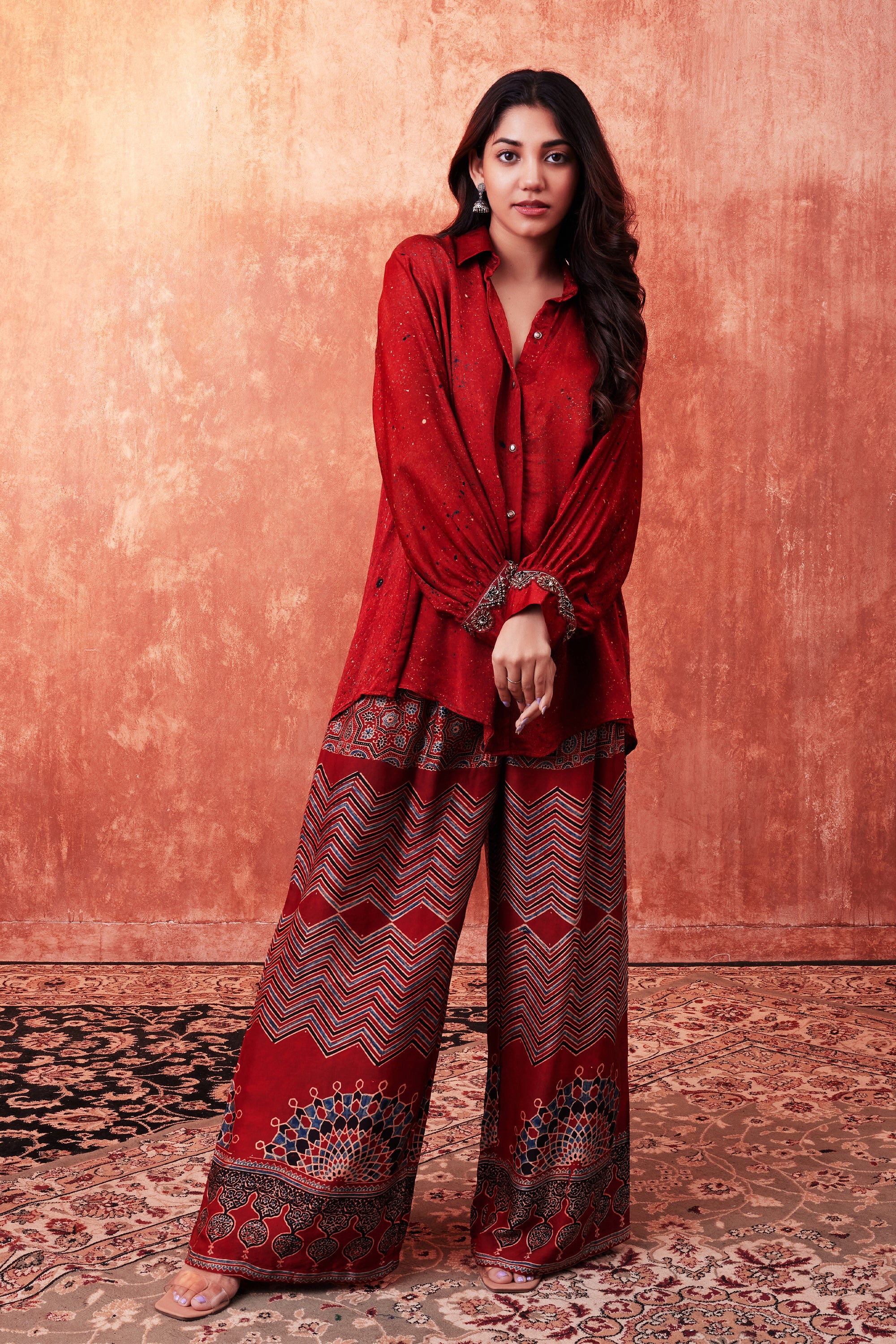 Garnet Red Ajrakh Printed Premium Silk Co-Ord Set