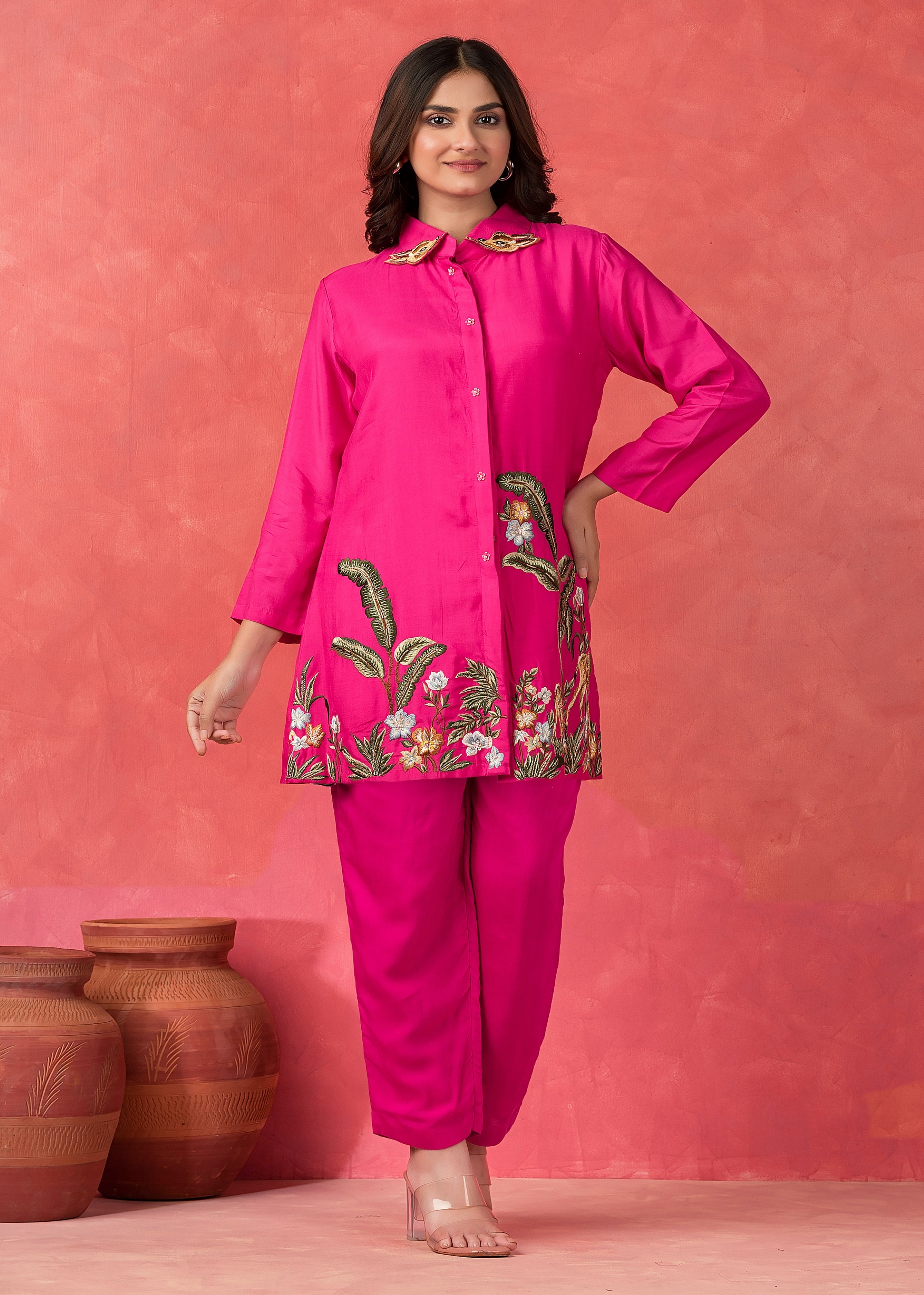 Hot Pink Embroidered Muslin Silk Co-Ord Set