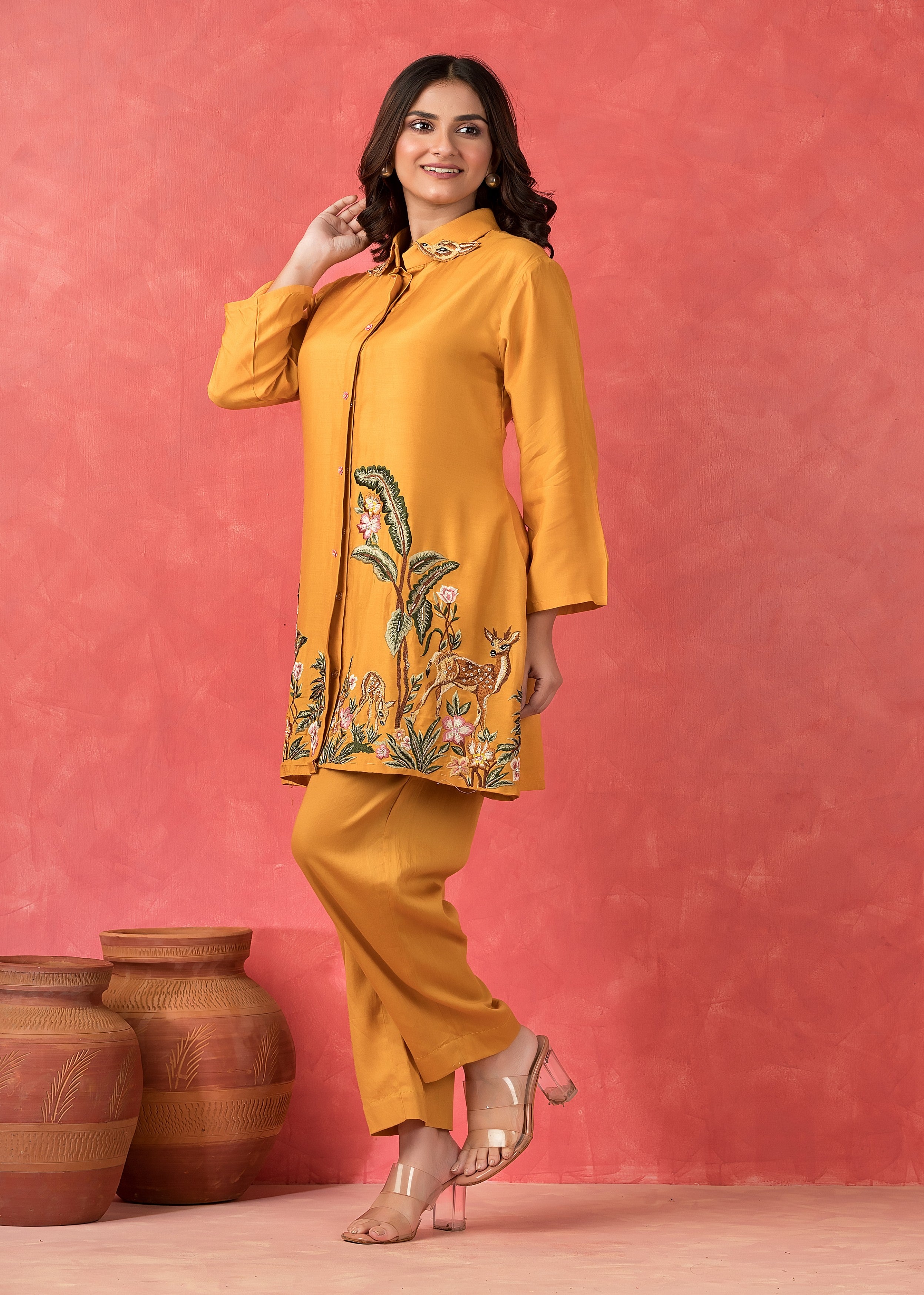 Golden Yellow Embroidered Muslin Silk Co-Ord Set