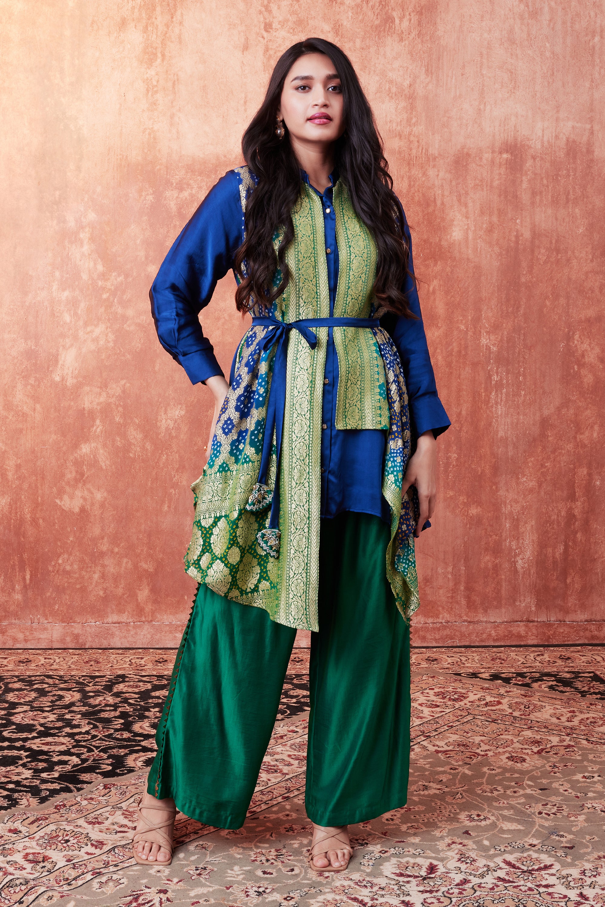 Navy Blue Banarasi Brocade Woven Silk Tunic & Palazzo Set