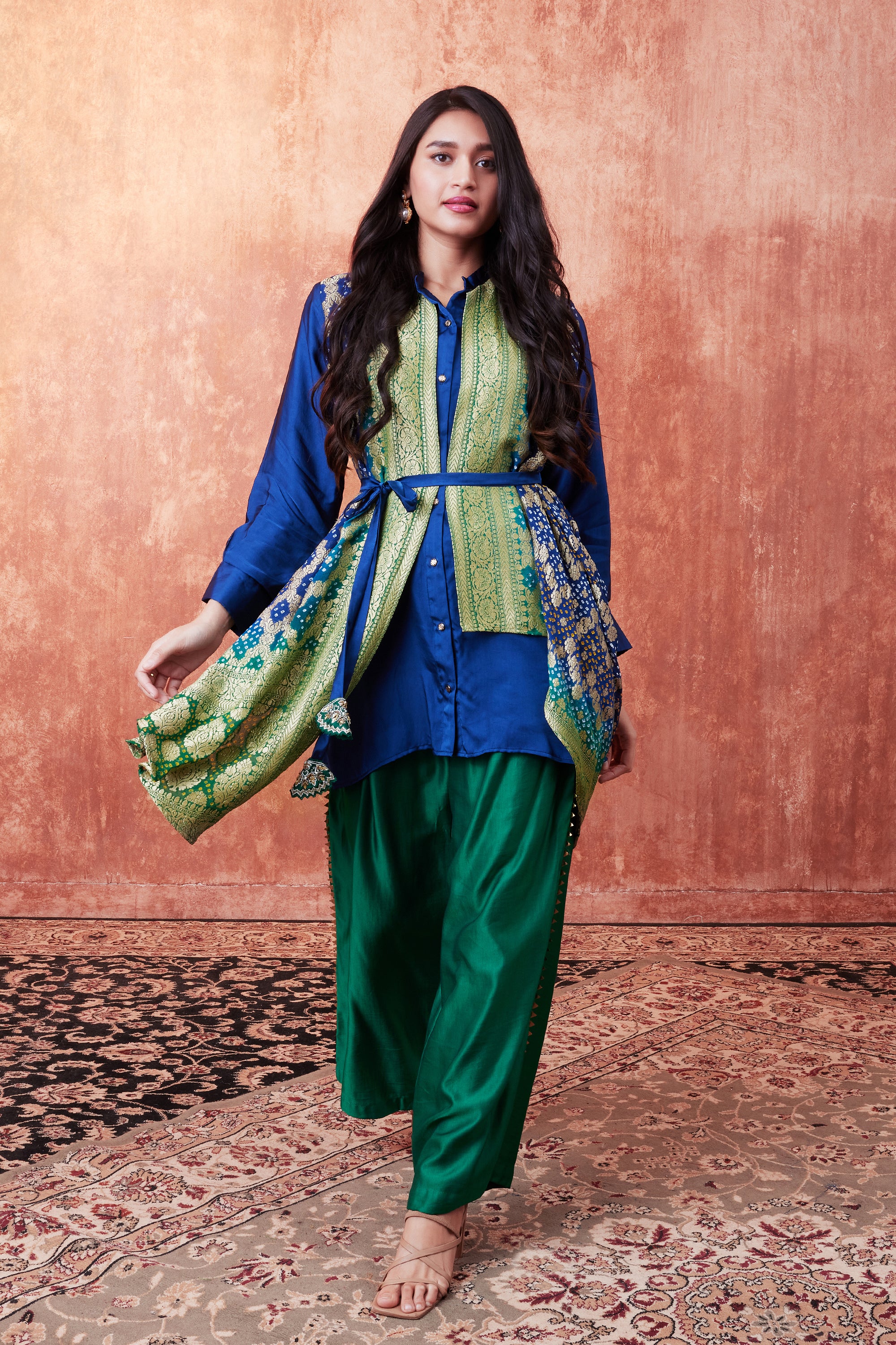 Navy Blue Banarasi Brocade Woven Silk Tunic & Palazzo Set
