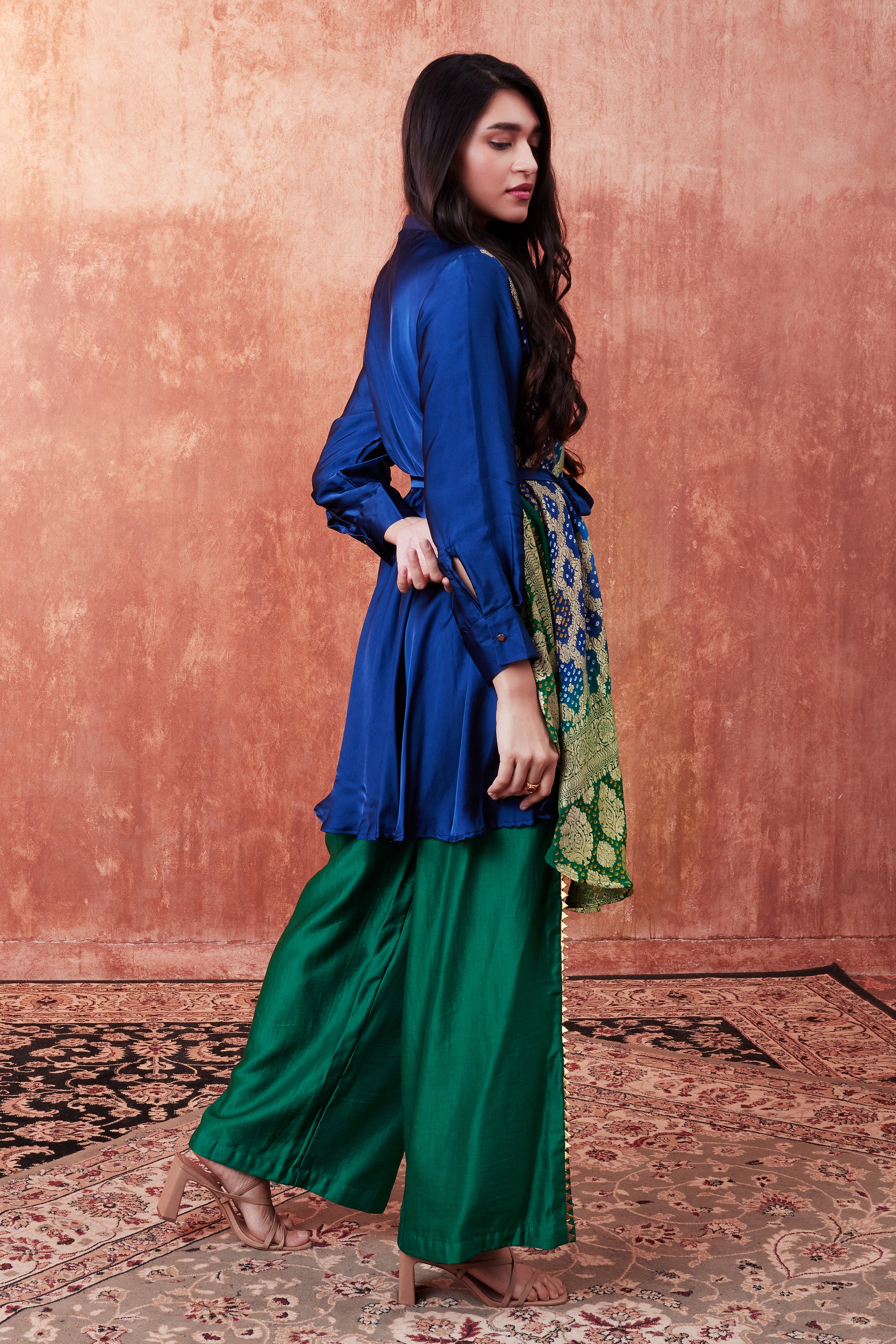 Navy Blue Banarasi Brocade Woven Silk Tunic & Palazzo Set