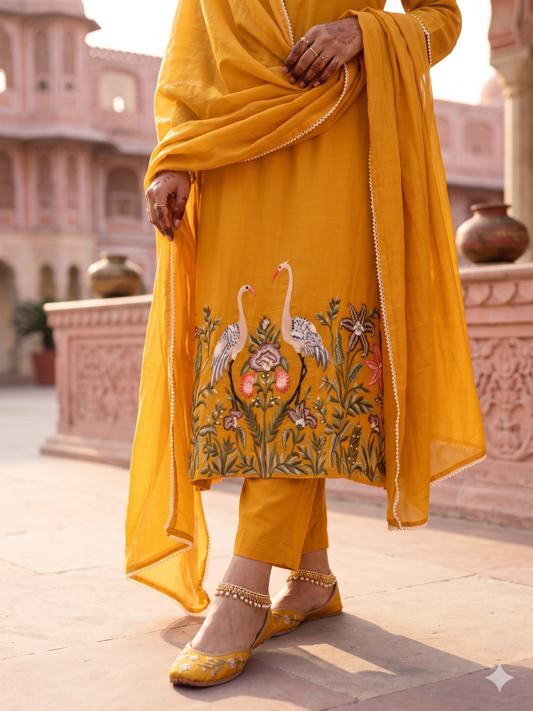 Mustard Crane Embroidered Mul-Chanderi Pant Set