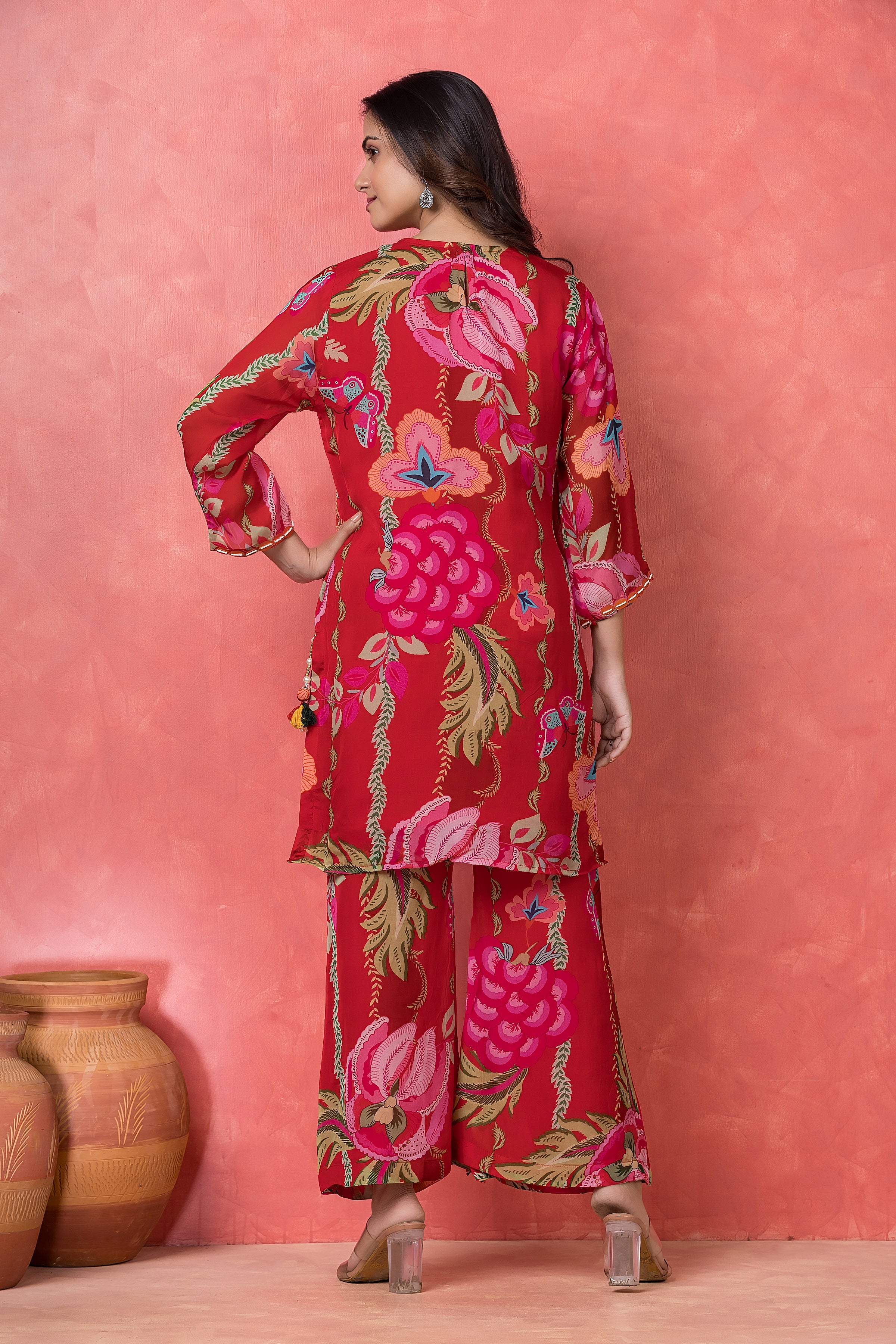 Crimson Red Floral Printed Organza Silk Kurta Set