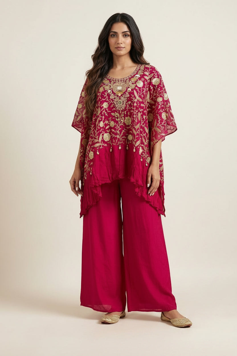 Dark Pink Embellished Chinon Silk Kaftan Set