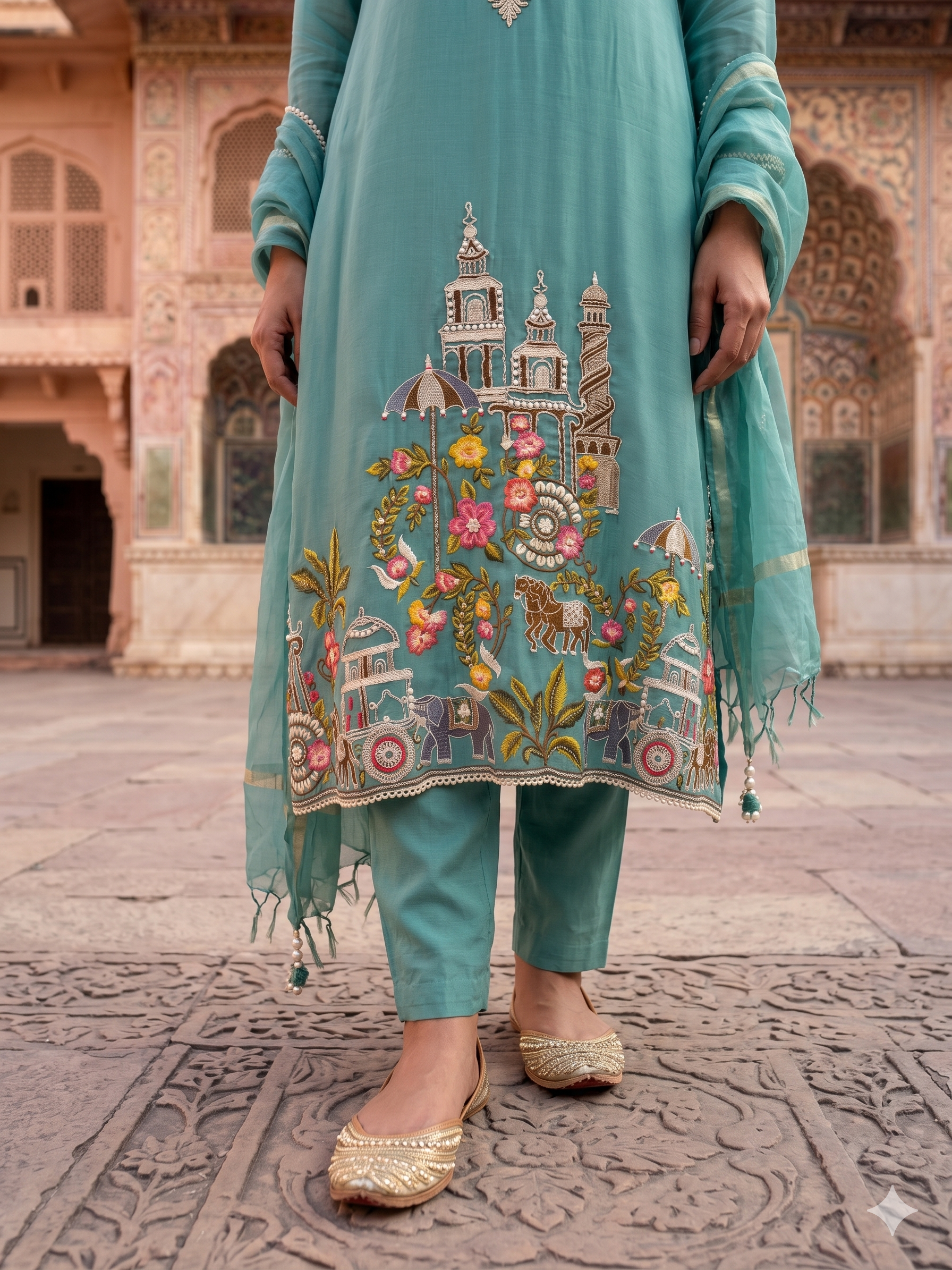 Sea-Blue Regal Embroidered Mul-Chanderi Pant Set