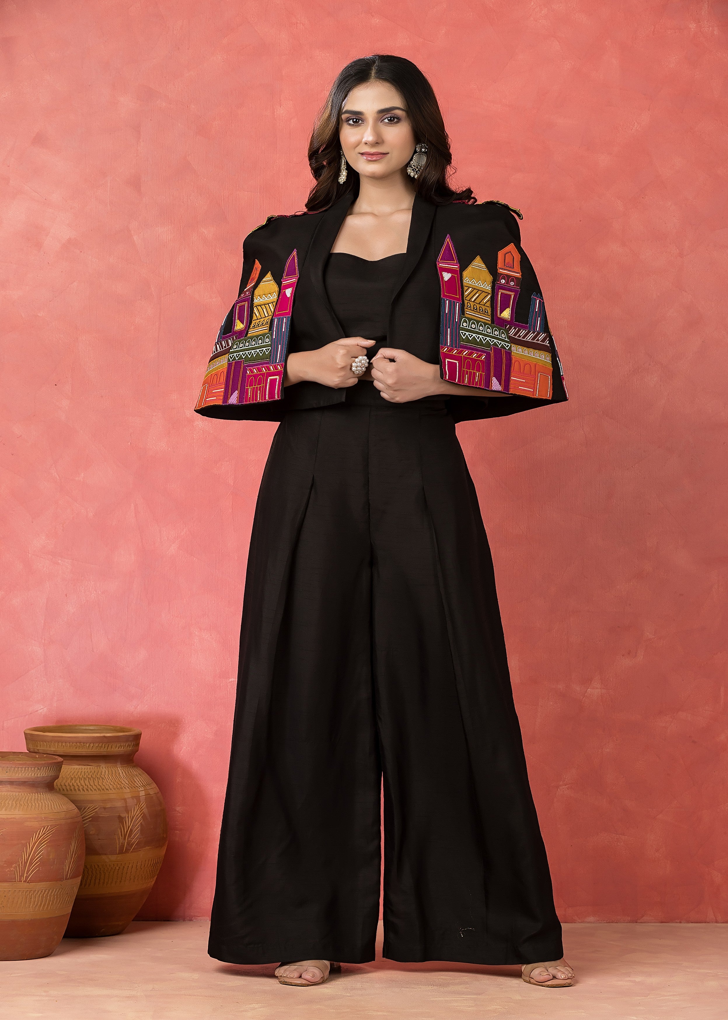 Black Mosaic Embroidered Raw Silk Palazzo Set