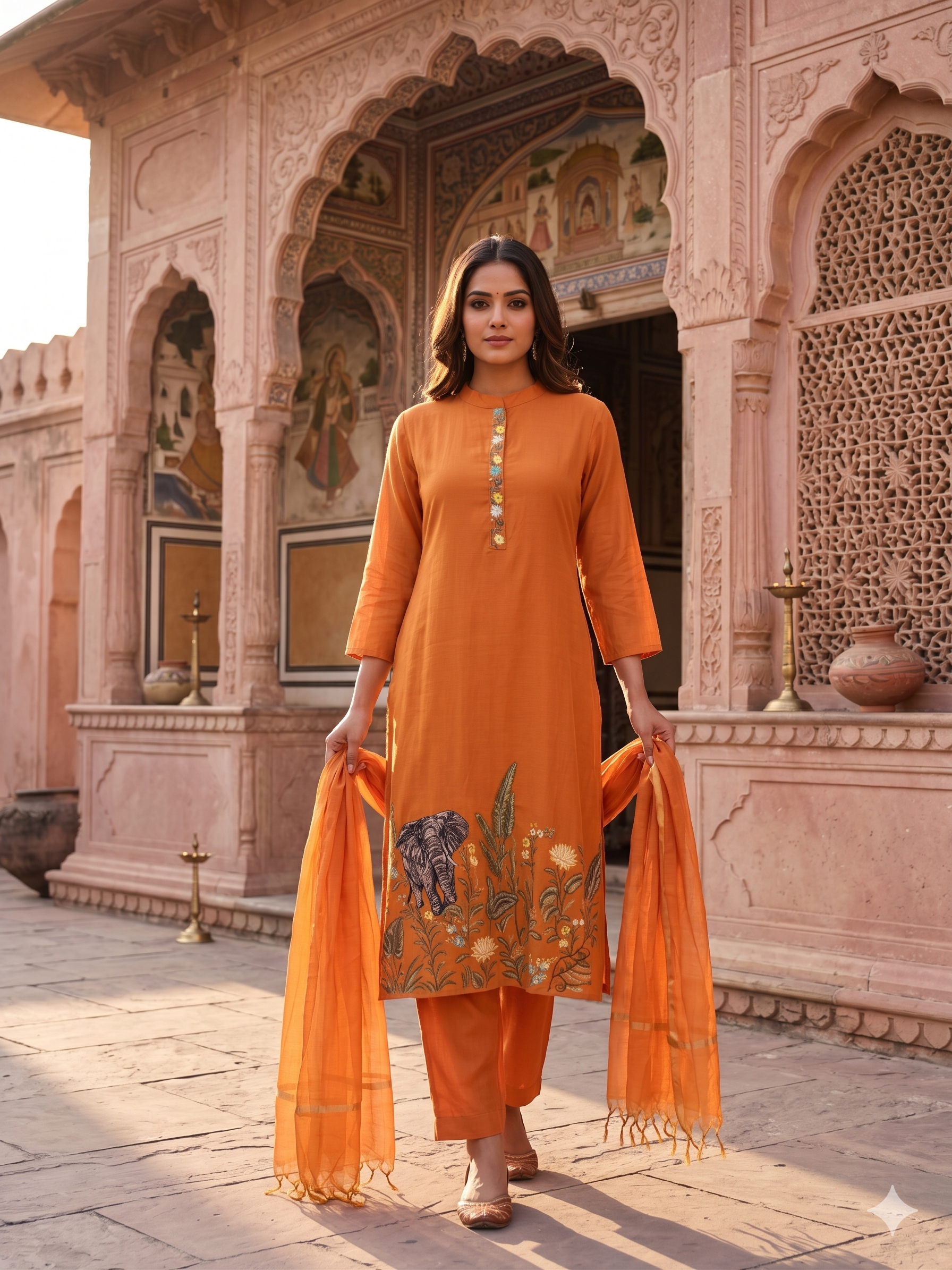 Amber Elephant Embroidered Mul-Chanderi Pant Set