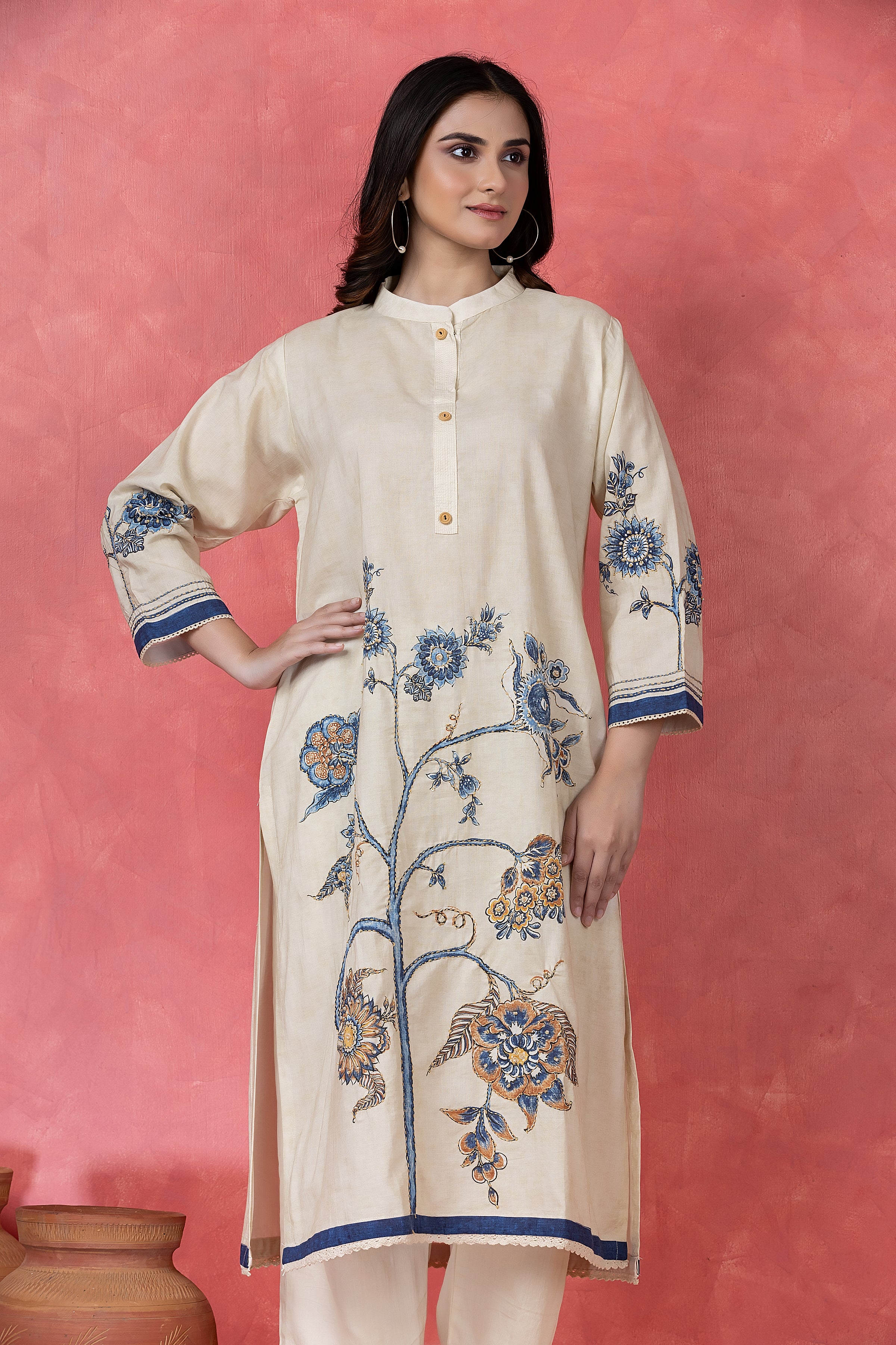 Indigo Floral Embroidered Cotton Pant Set