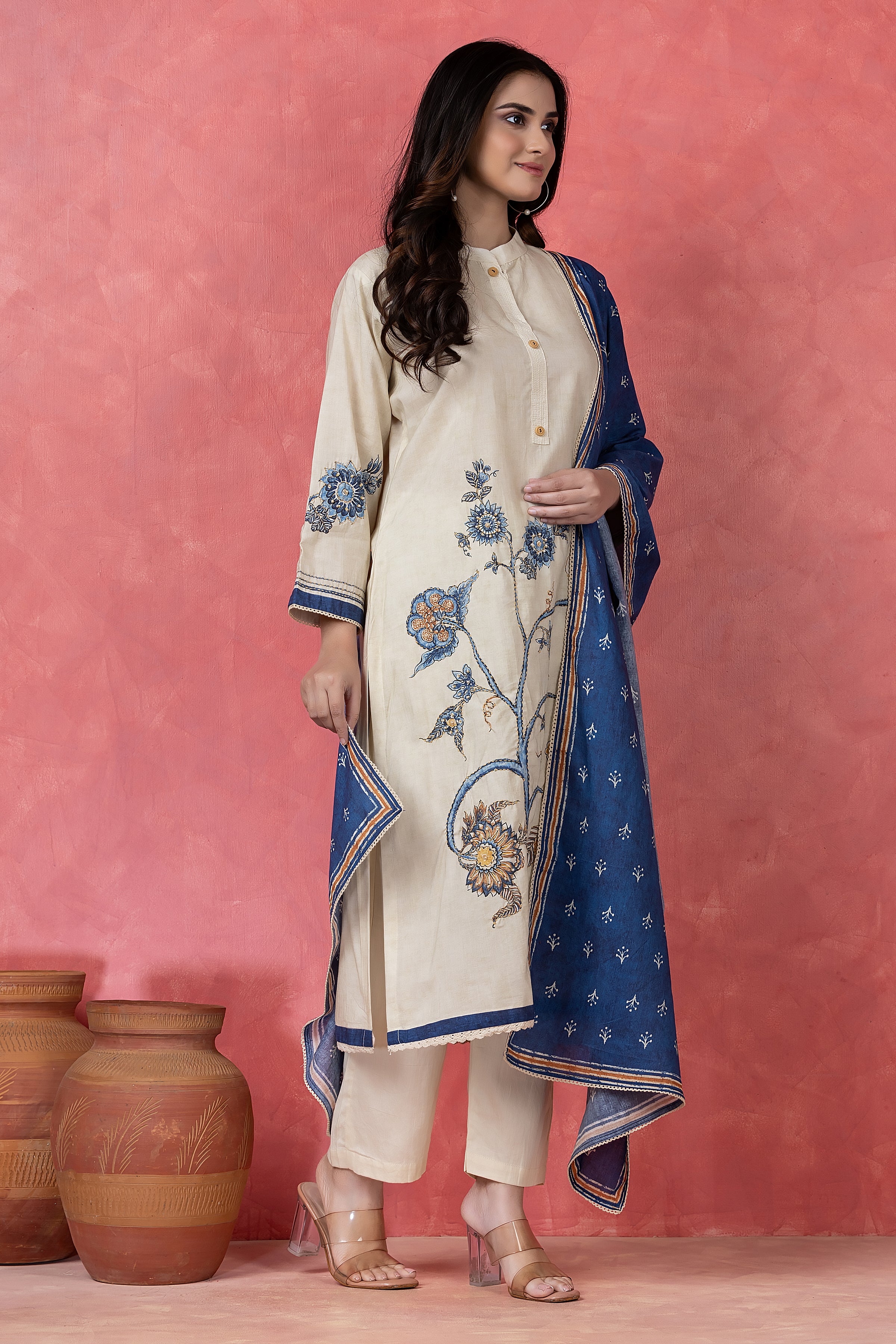 Indigo Floral Embroidered Cotton Pant Set