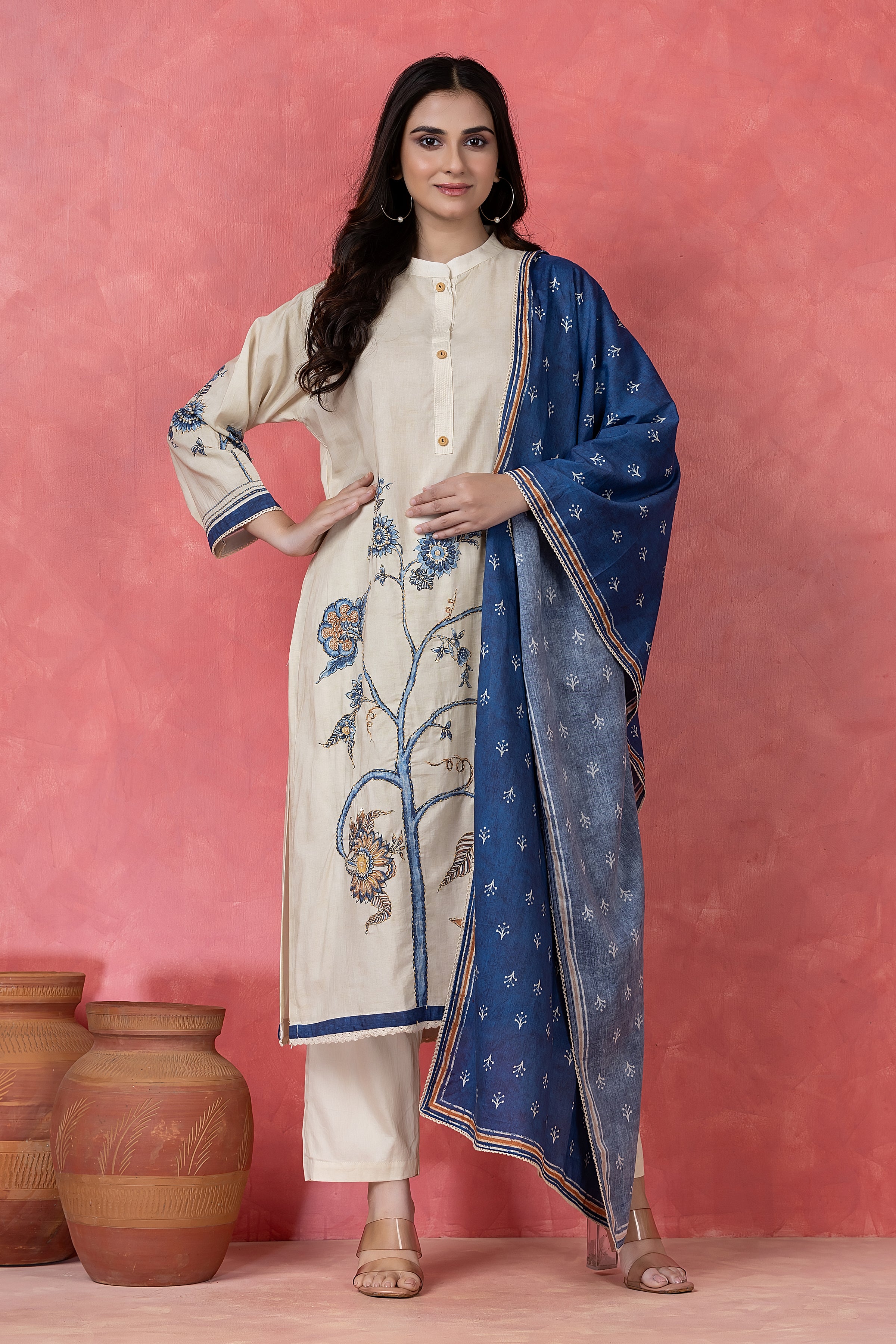 Indigo Floral Embroidered Cotton Pant Set