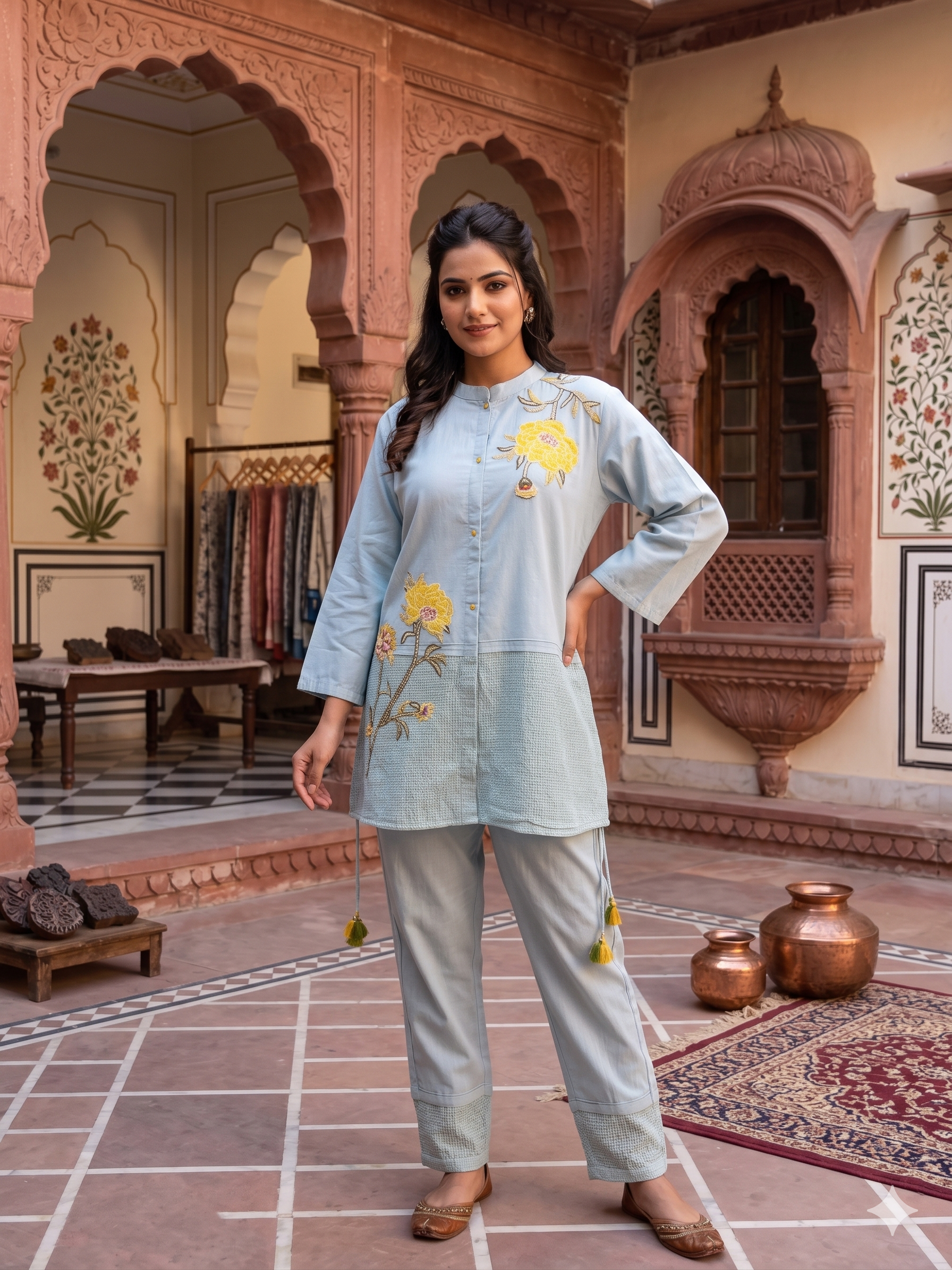 Powder Blue Embellished Cotton Co-Ord Set