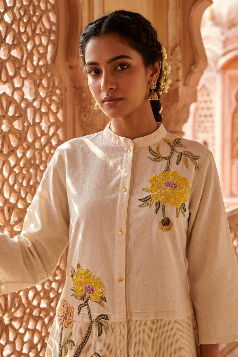 Off-White Embellished Cotton Co-Ord Set
