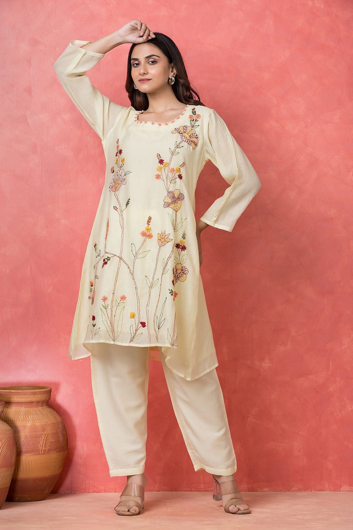 Soft Off White Embroidered Mul Chanderi Silk Kurta Set