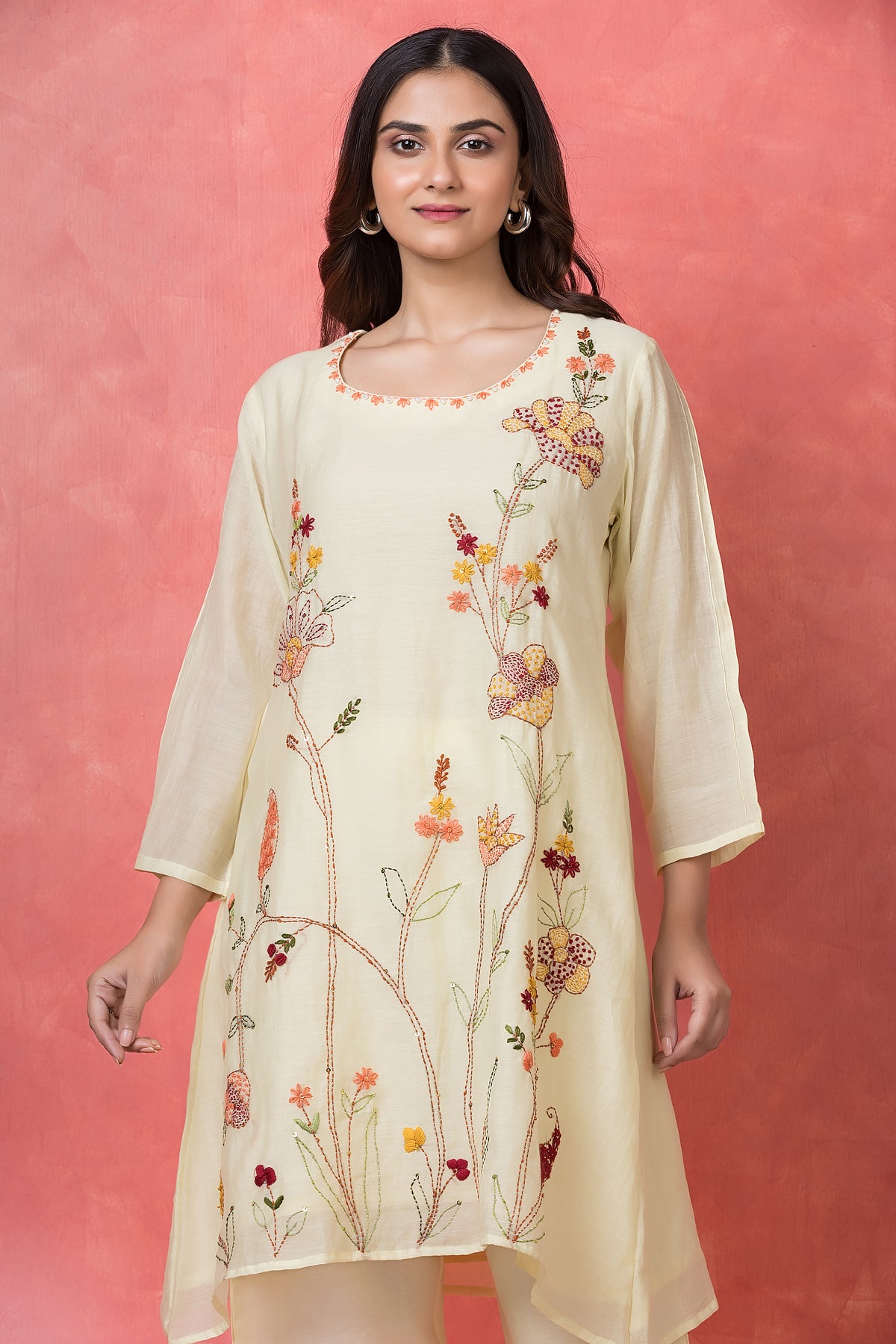 Soft Off White Embroidered Mul Chanderi Silk Kurta Set