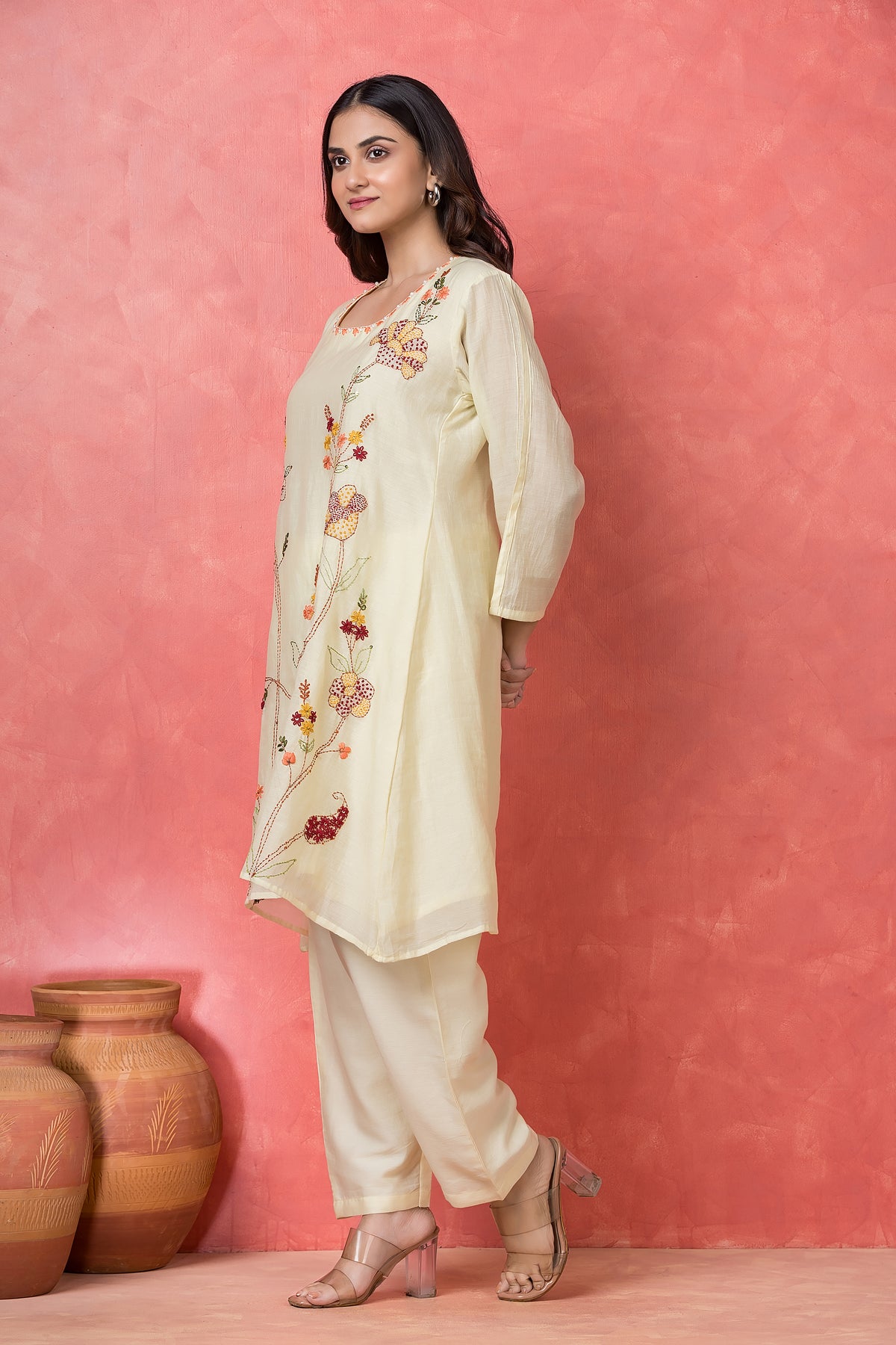 Soft Off White Embroidered Mul Chanderi Silk Kurta Set