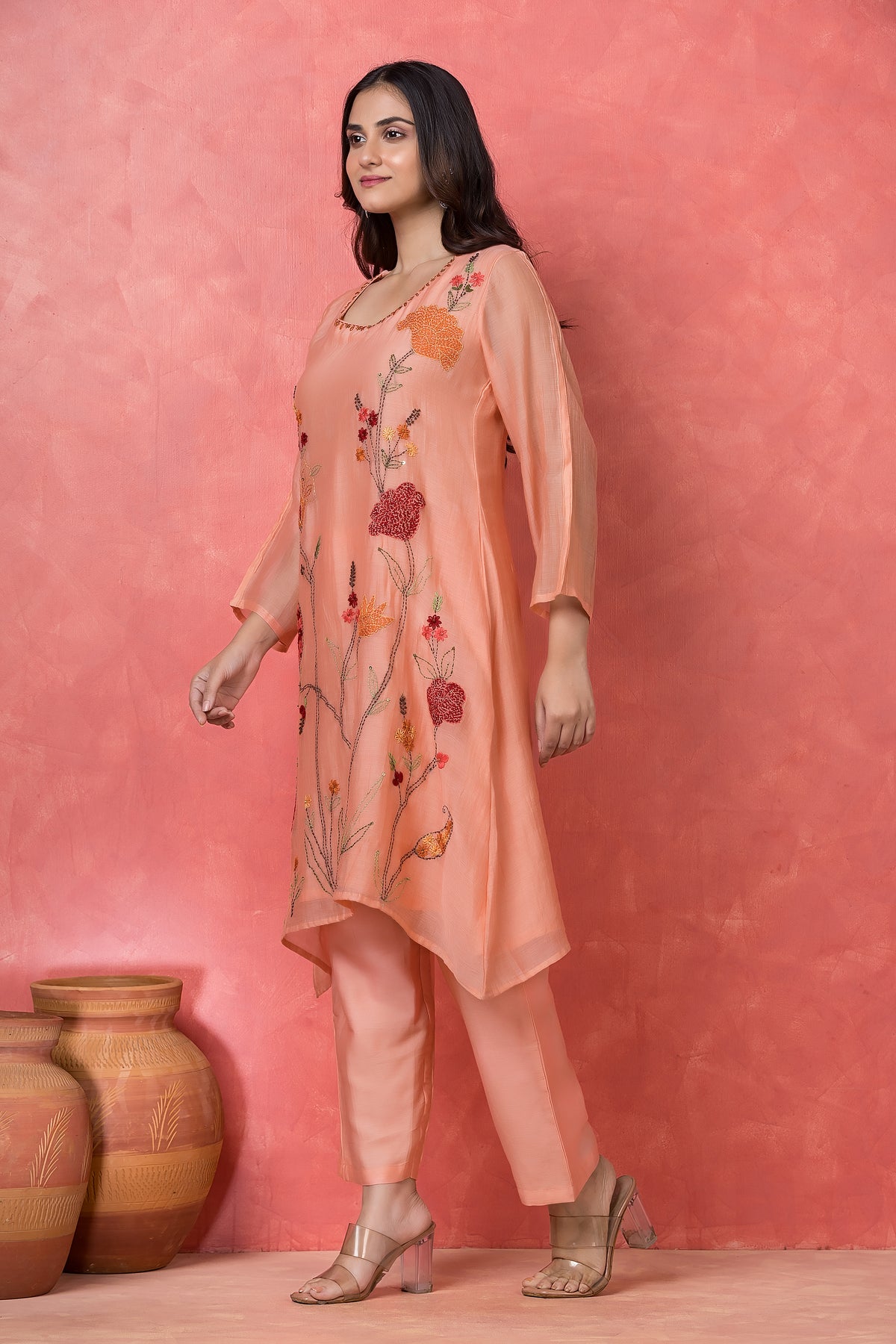 Peach Coral Embroidered  Mul Chanderi Silk Kurta Set