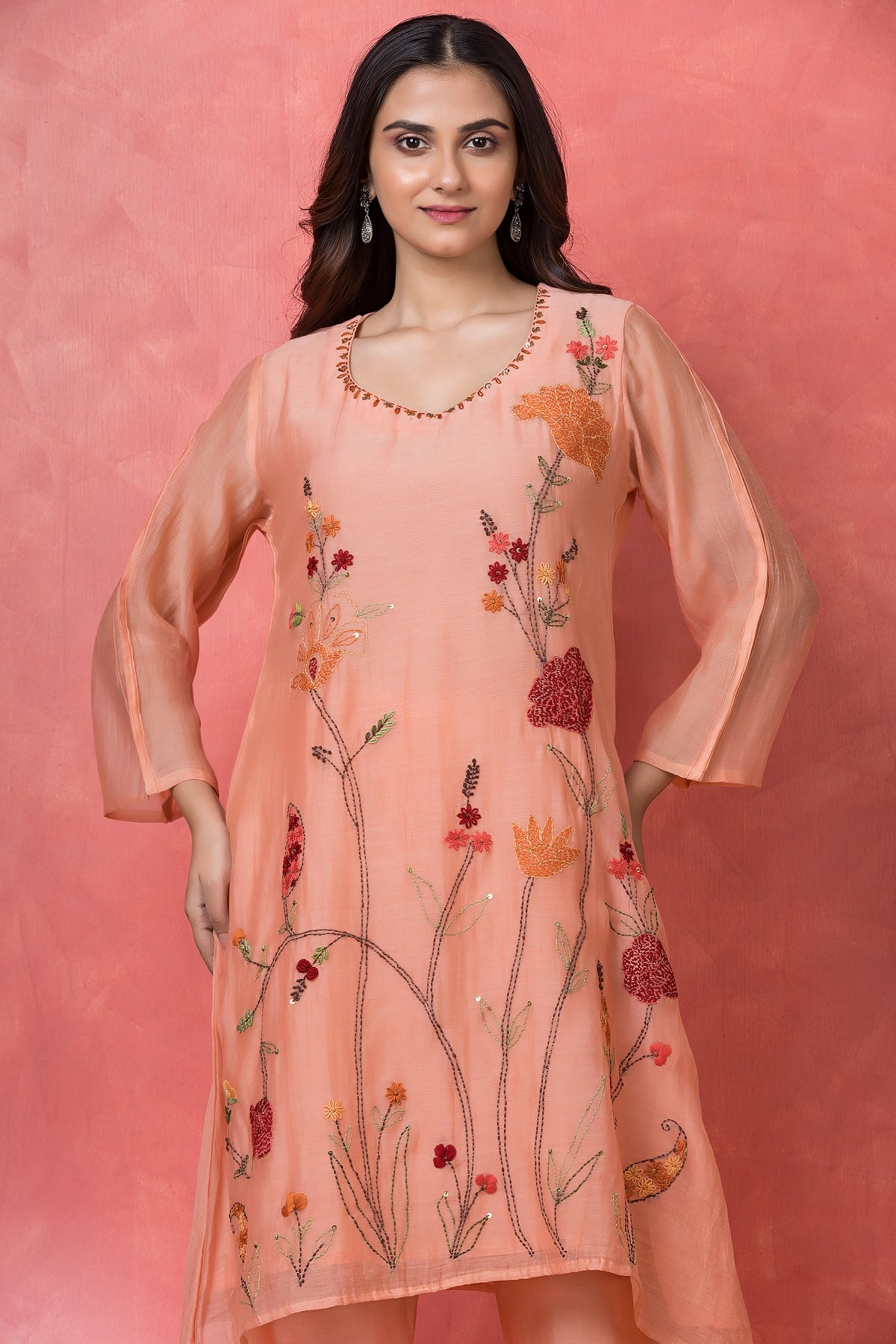 Peach Coral Embroidered  Mul Chanderi Silk Kurta Set